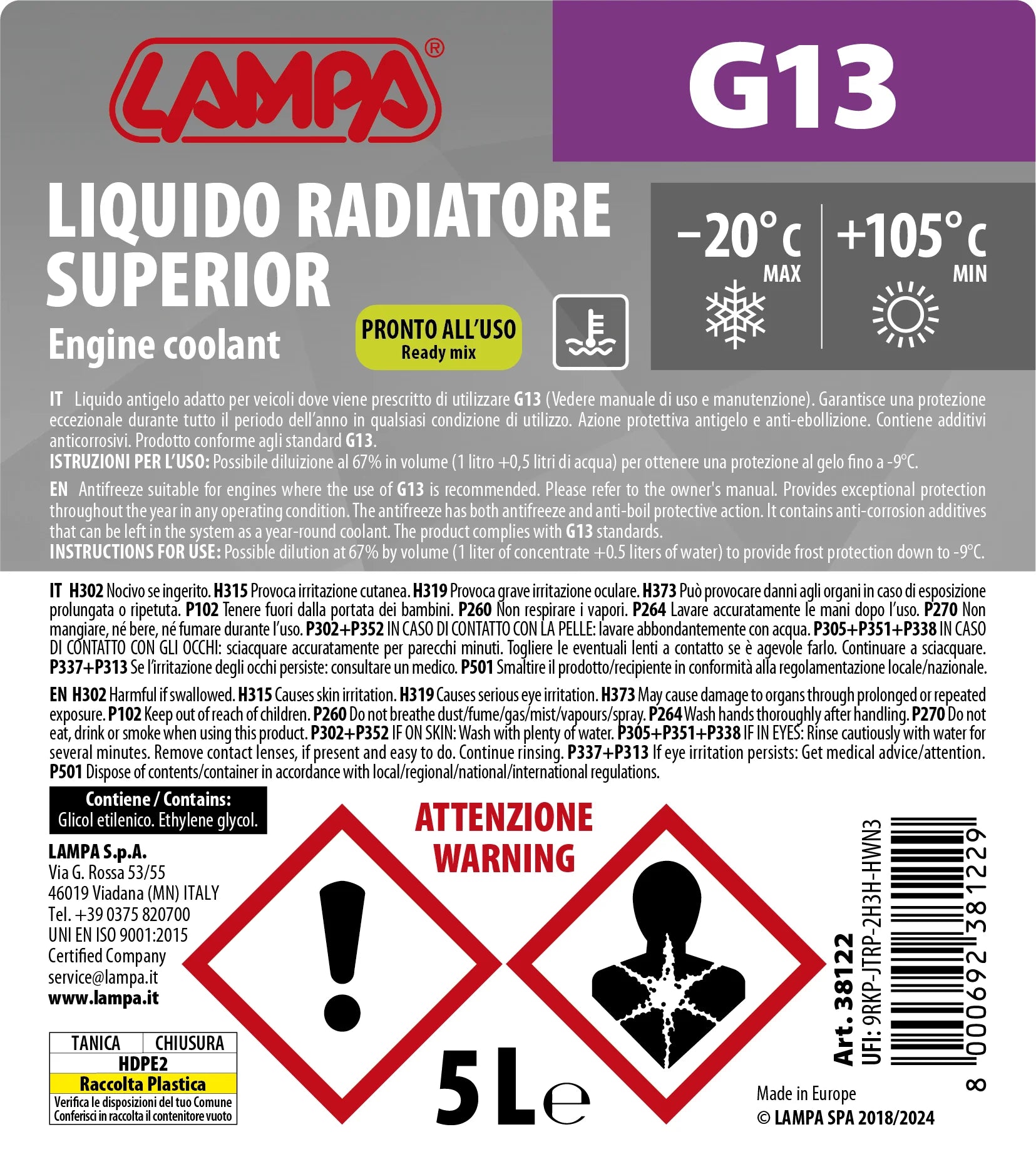 Superior-Viola G13, liquido antigelo radiatore (-20°C) - 5 L
