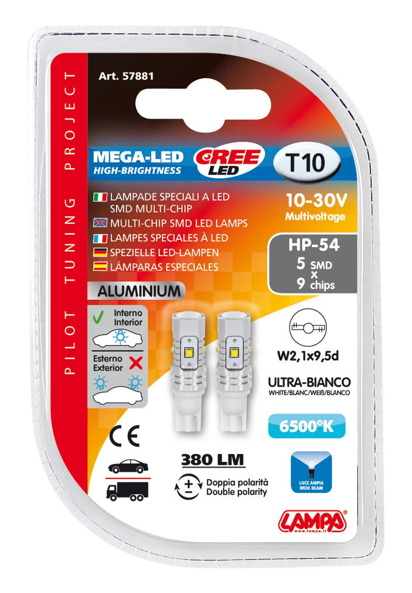 10/30V Mega-Led 45 - 5 SMD x 9 chips - (T10) - W2,1x9,5d - 2 pz  - D/Blister - Bianco - Doppia polarità