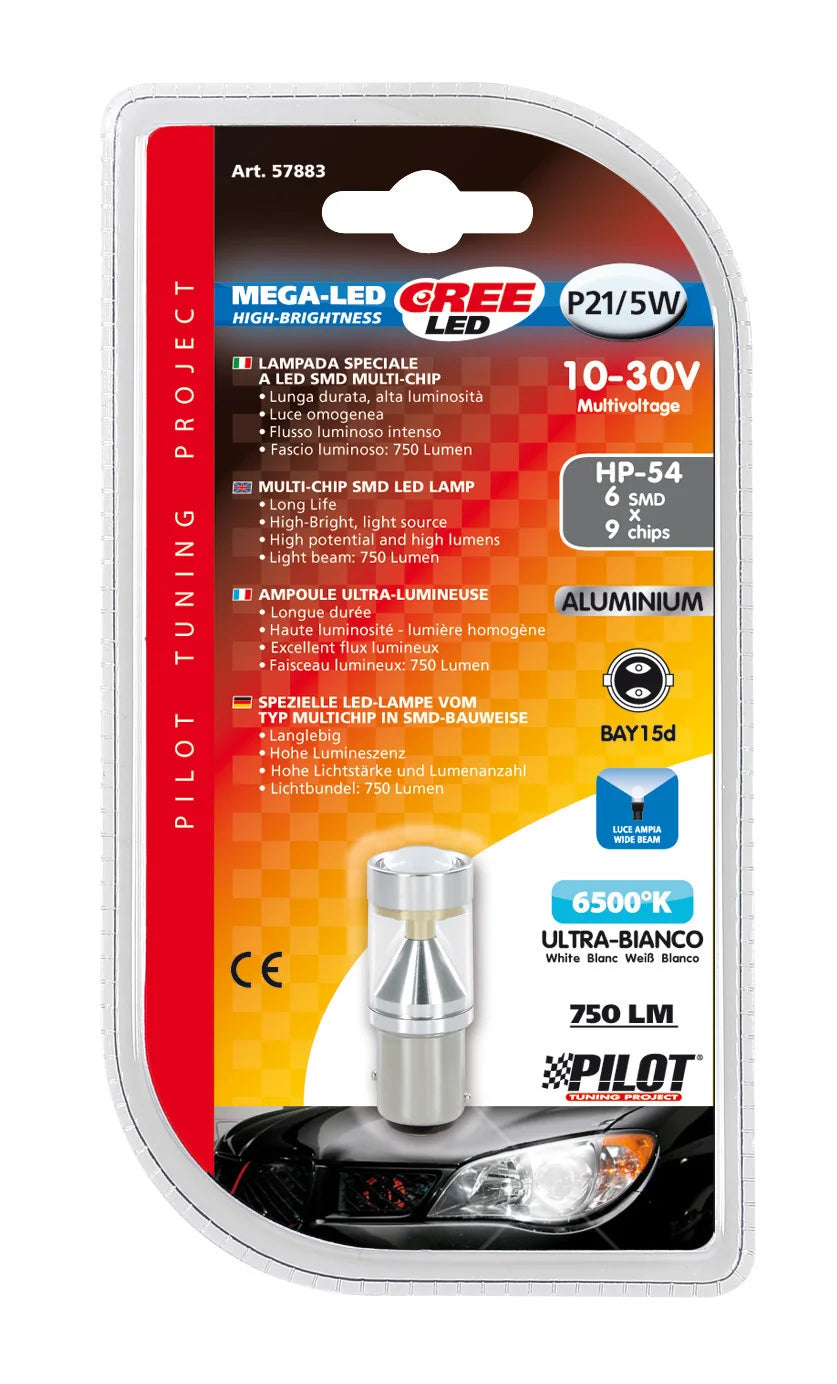 10/30V Mega-Led 54 - 6 SMD x 9 chips - (P21/5W) - BAY15d - 1 pz  - D/Blister - Bianco