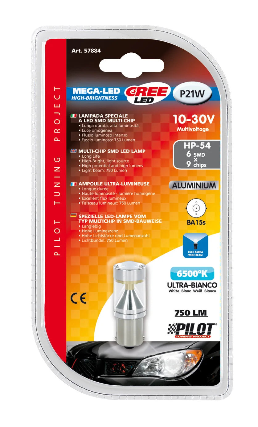 10/30V Led Series - 6 SMD x 9 chips - (P21W) - BA15s - 1 pz  - D/Blister - Bianco