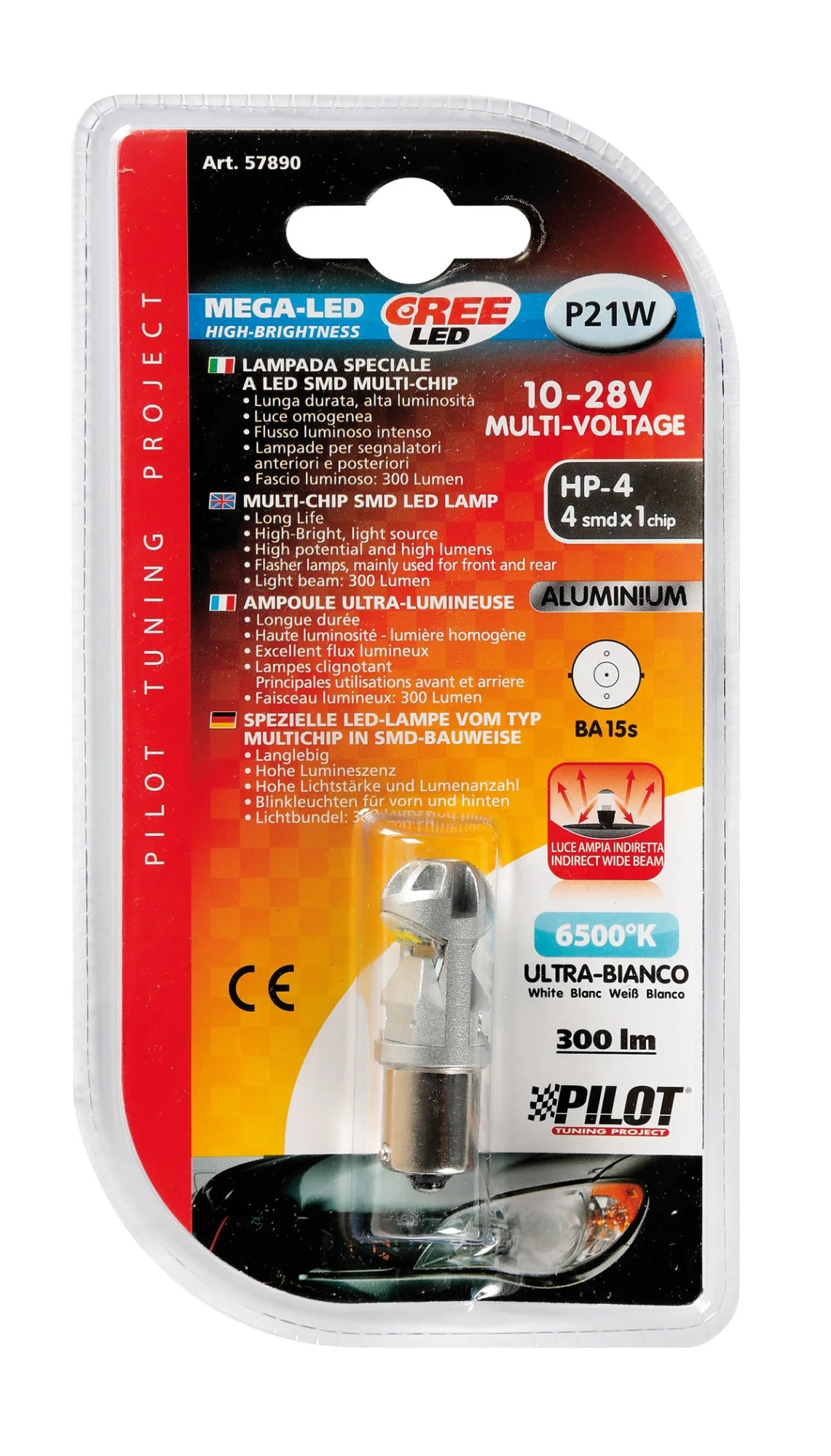 10/28V Led Series - 4 SMD x 1 chip - (P21W) - BA15s - 1 pz  - D/Blister - Bianco