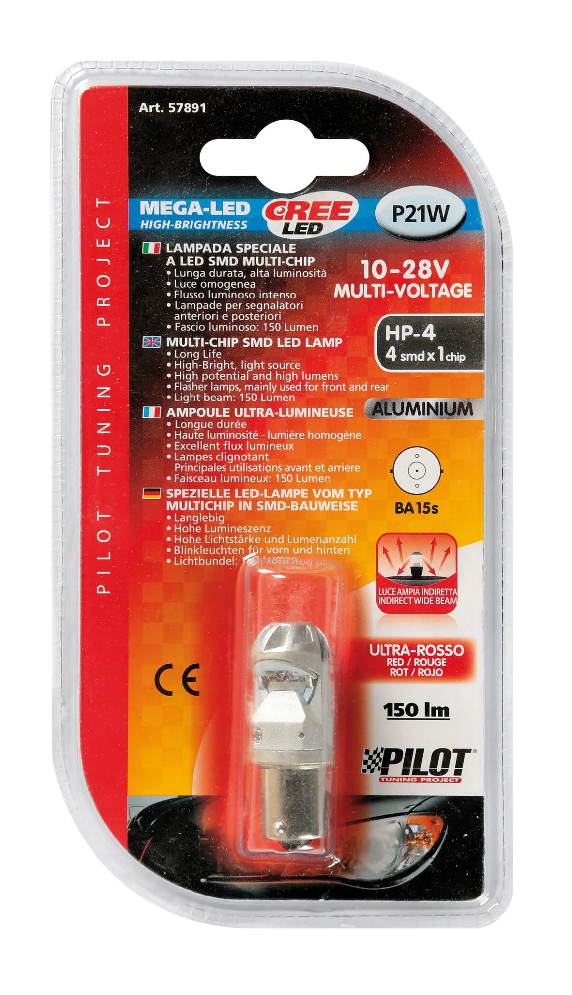 10/28V Led Series - 4 SMD x 1 chip - (P21W) - BA15s - 1 pz  - D/Blister - Rosso