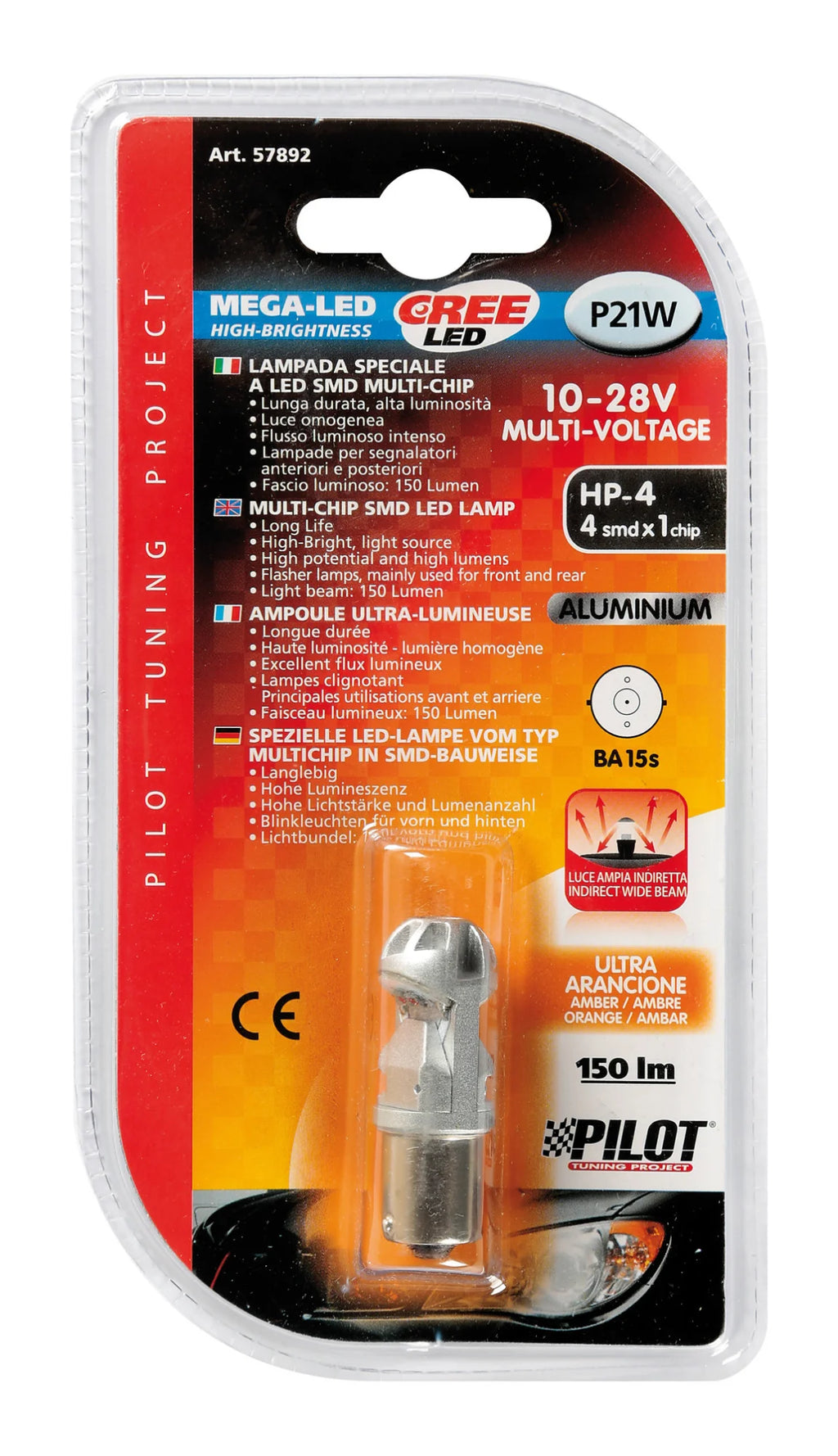 10/28V Led Series - 4 SMD x 1 chip - (P21W) - BA15s - 1 pz  - D/Blister - Arancio