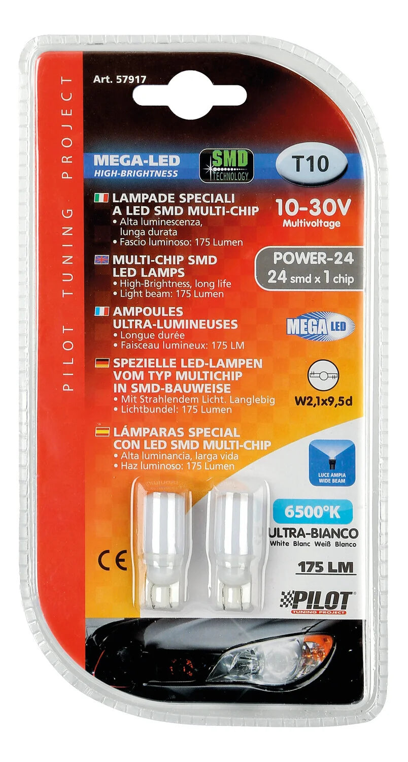 10/30V Mega-Led 24 - 24 SMD x 1 chip - (T10) - W2,1x9,5d - 2 pz  - D/Blister - Bianco