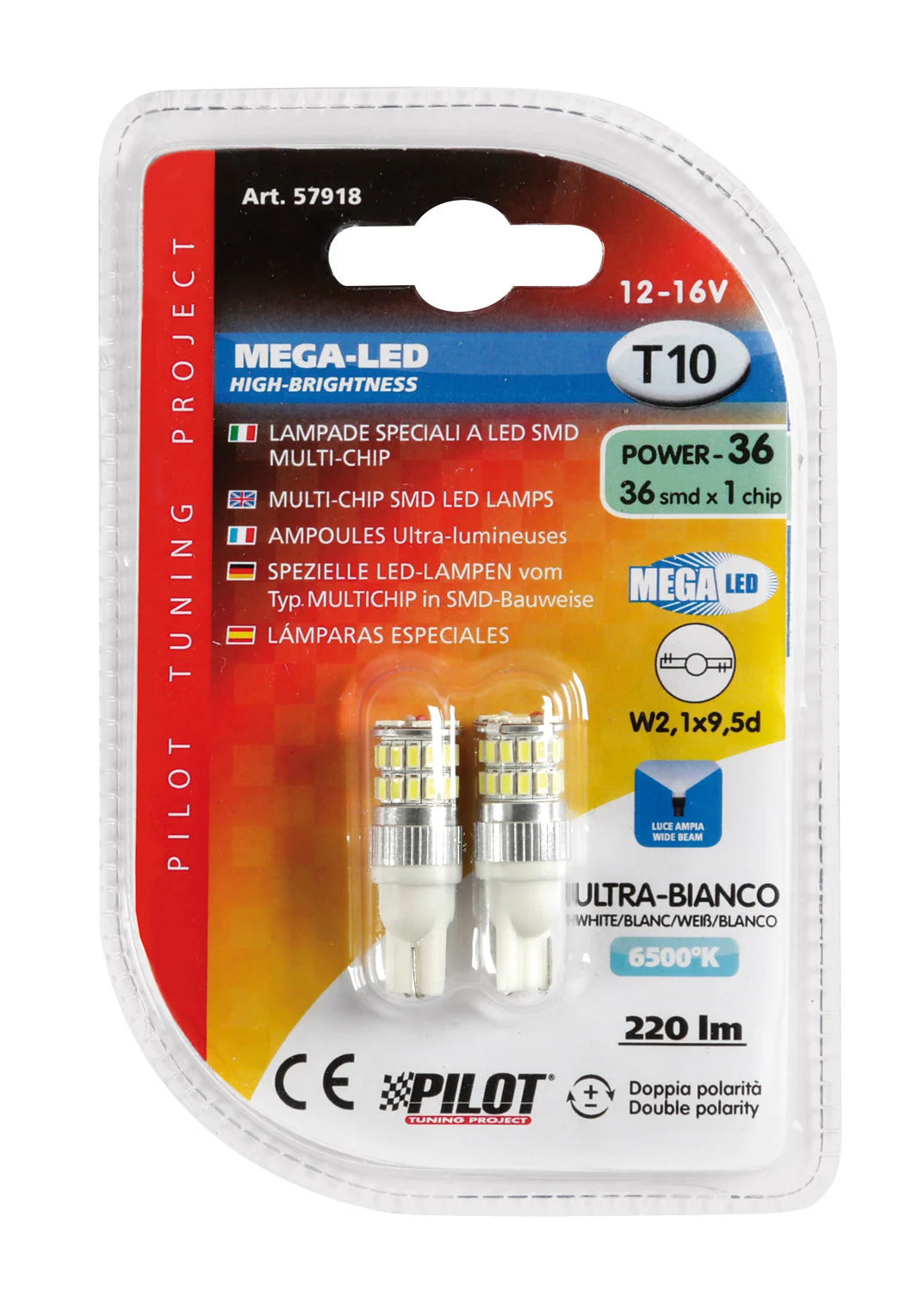 12/16V Mega-Led 36 - 36 SMD x 1 chip - (T10) - W2,1x9,5d - 2 pz  - D/Blister - Bianco - Doppia polarità