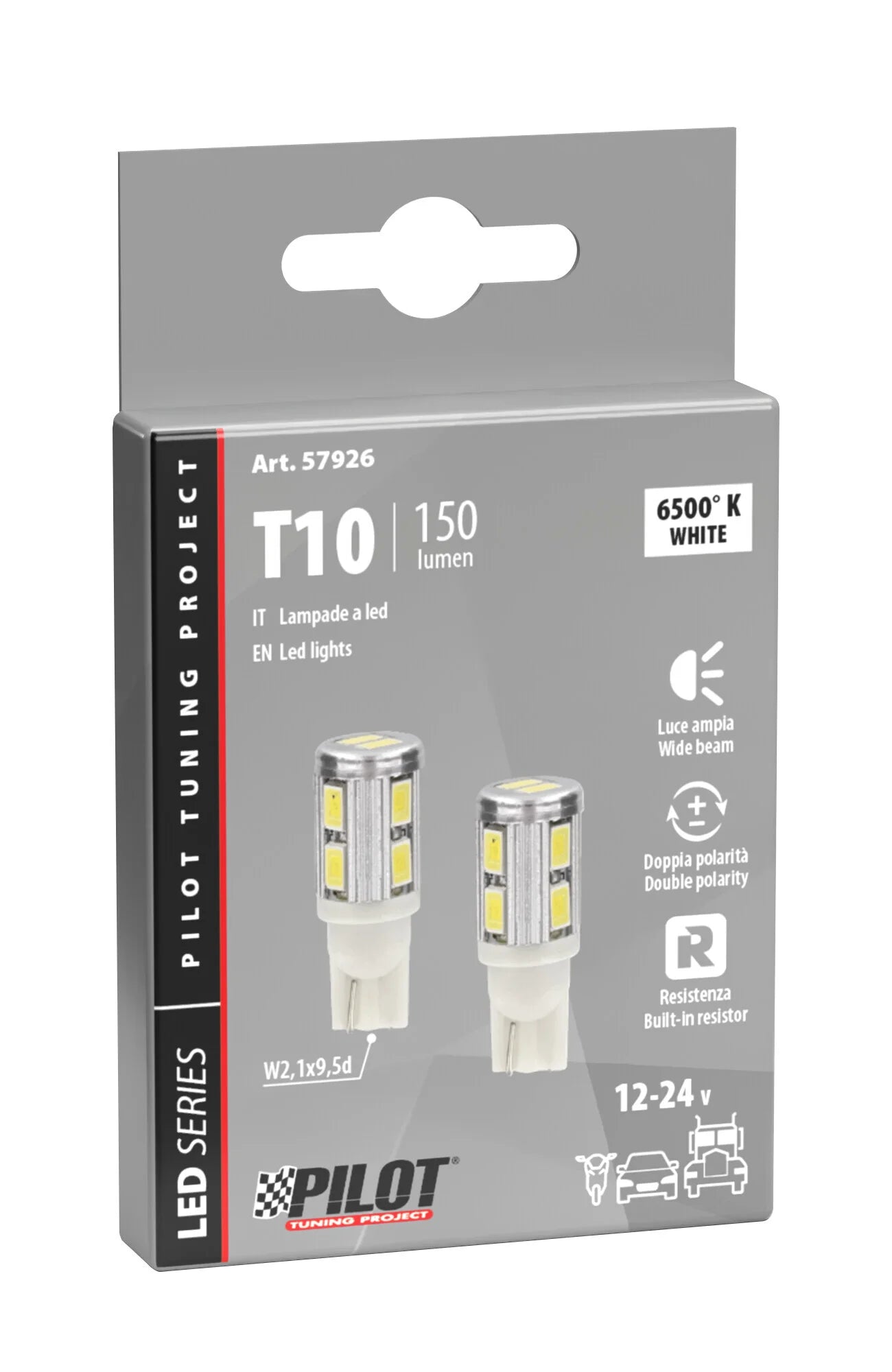 10/30V Mega-Led 10 - 10 SMD x 1 chip - (T10) - W2,1x9,5d - 2 pz  - Scatola - Bianco - Doppia polarità - Resistenza incorporata