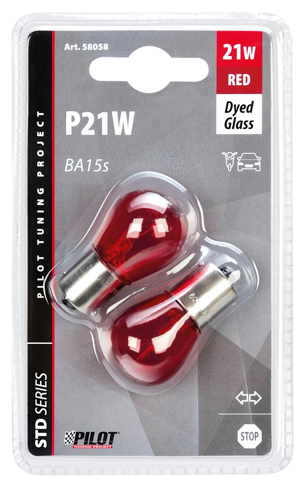 12V Red Dyed Glass, Lampada 1 filamento - (P21W) - 21W - BA15s - 2 pz  - D/Blister