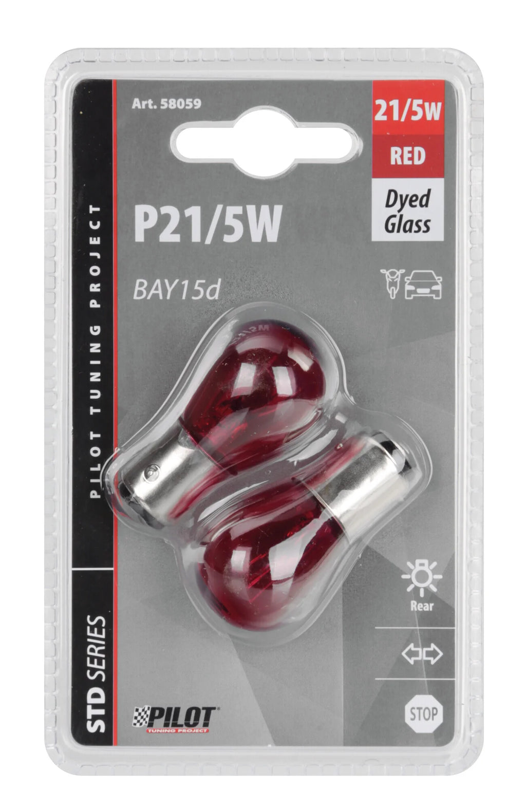 12V Red Dyed Glass, Lampada 2 filamenti - (P21/5W) - 21/5W - BAY15d - 2 pz  - D/Blister
