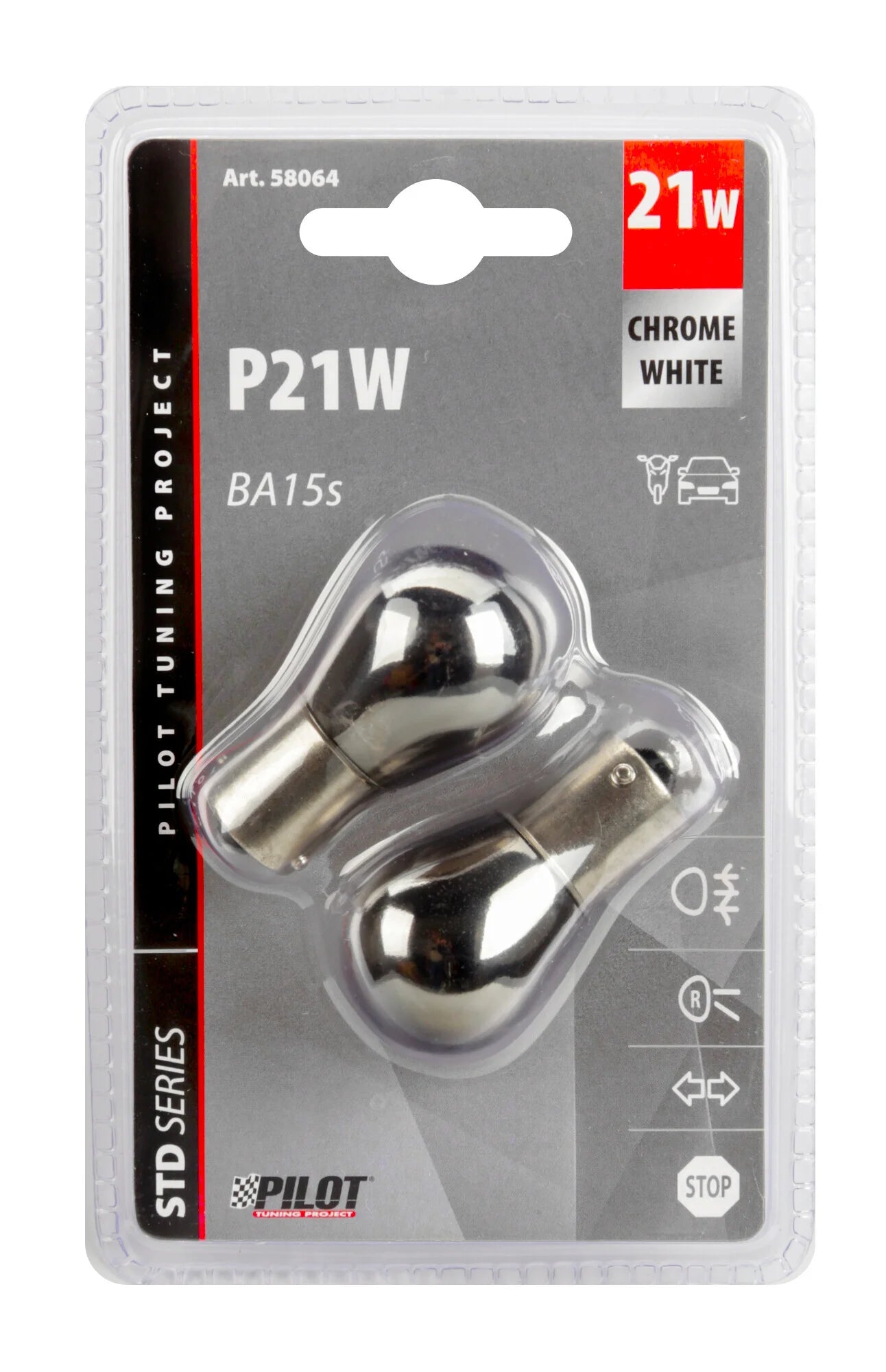 12V Lampada 1 filamento - (P21W) - 21W - BA15s - 2 pz  - D/Blister - Cromo/Bianco