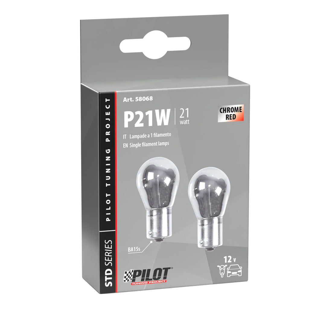 12V Lampada 1 filamento - (P21W) - 21W - BA15s - 2 pz  - Scatola - Cromo/Rosso