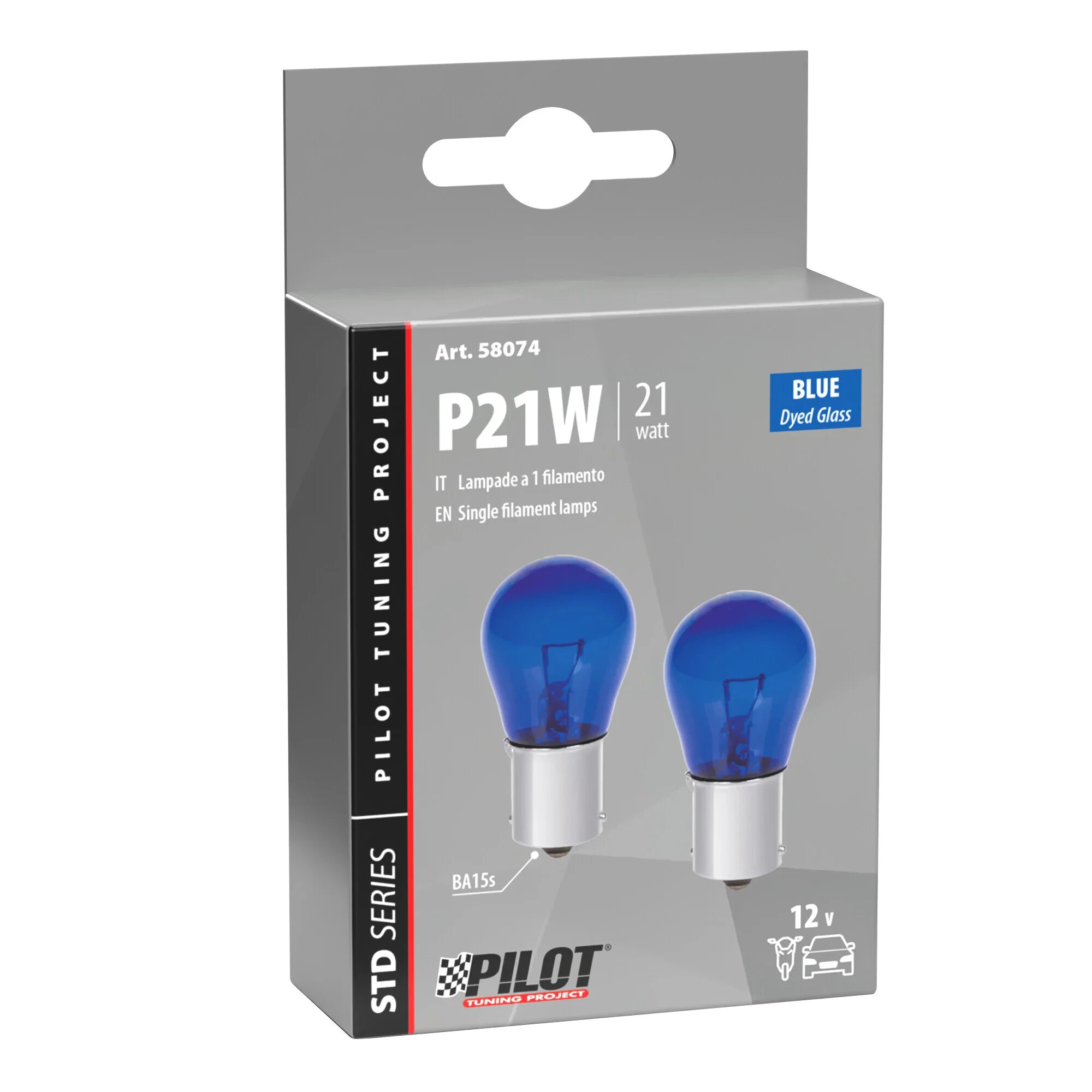 12V Blue Dyed Glass, Lampada 1 filamento - (P21W) - 21W - BA15s - 2 pz  - Scatola - Blu