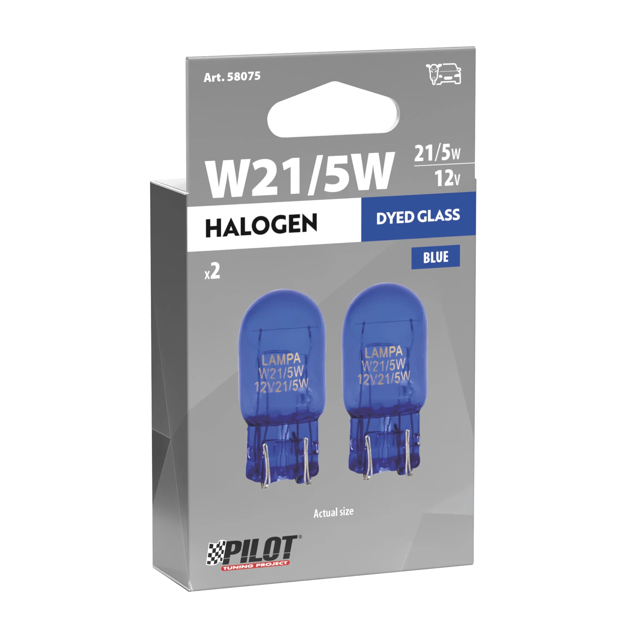12V Blue Dyed Glass, Lampada con zoccolo vetro 2 filamenti - (W21/5W) - 21/5W - W3x16q - 2 pz  - Scatola