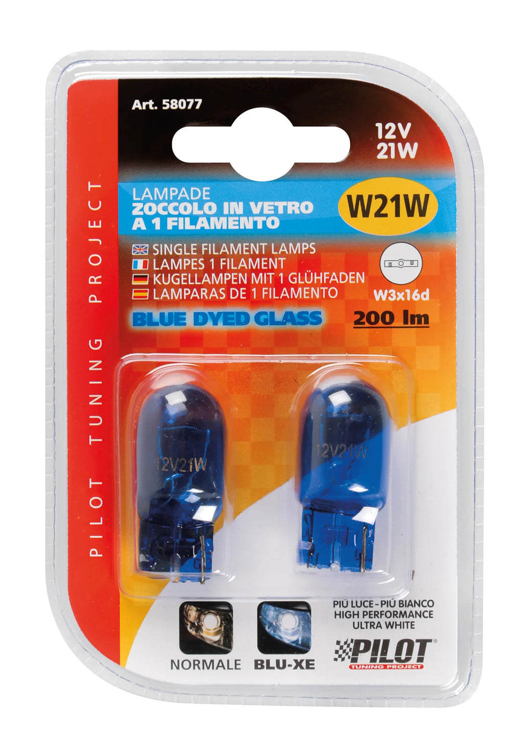 12V Blue Dyed Glass, Lampada zoccolo vetro - (W21W) - 21W - W3x16d - 2 pz  - D/Blister