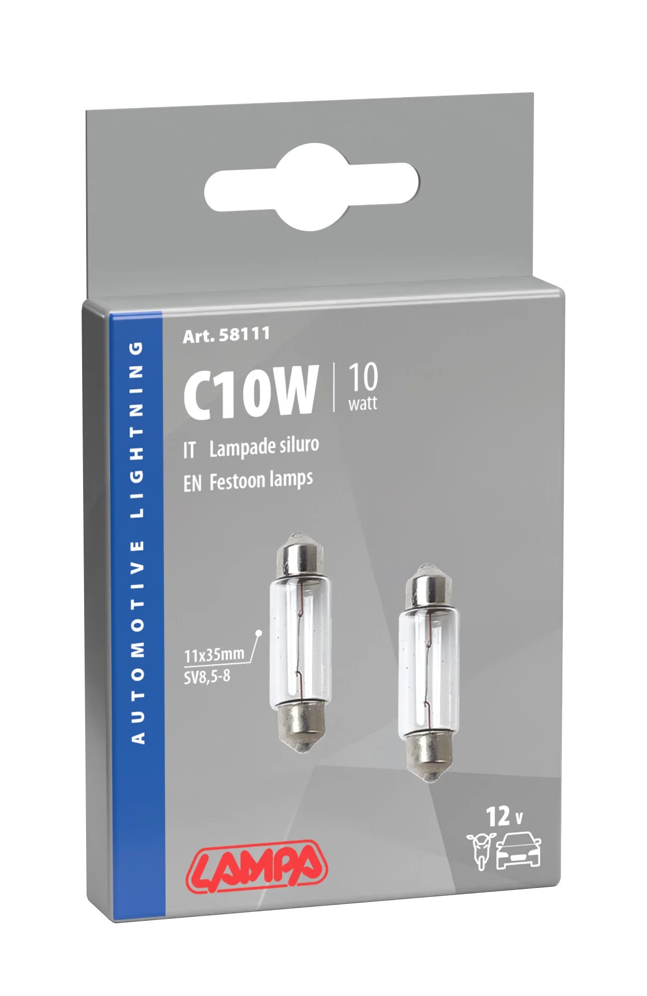 12V Lampada siluro - C10W - 11x35 mm - 10W - SV8,5-8 - 2 pz  - Scatola