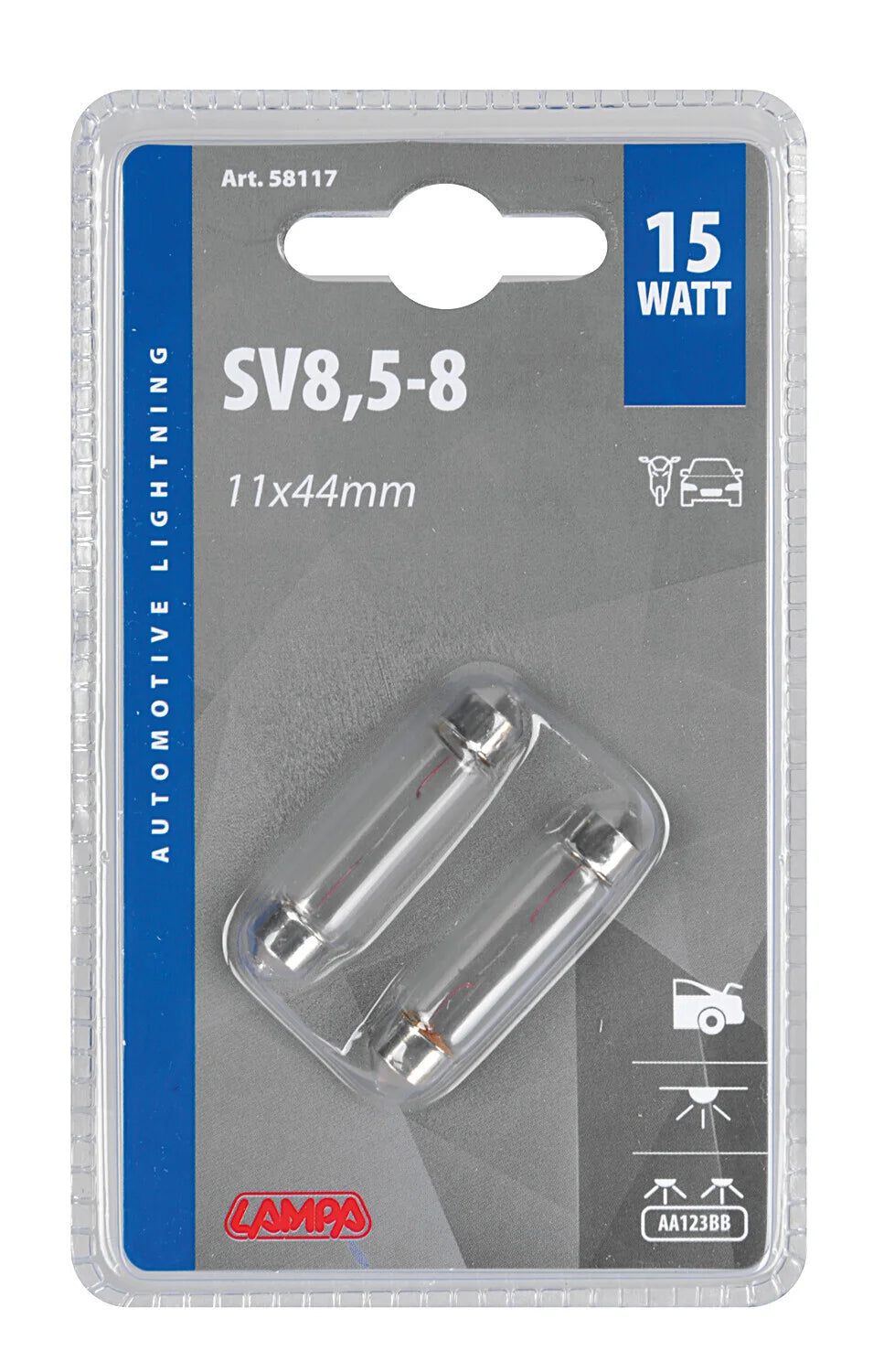 12V Lampada siluro - 11x44 mm - 15W - SV8,5-8 - 2 pz  - D/Blister