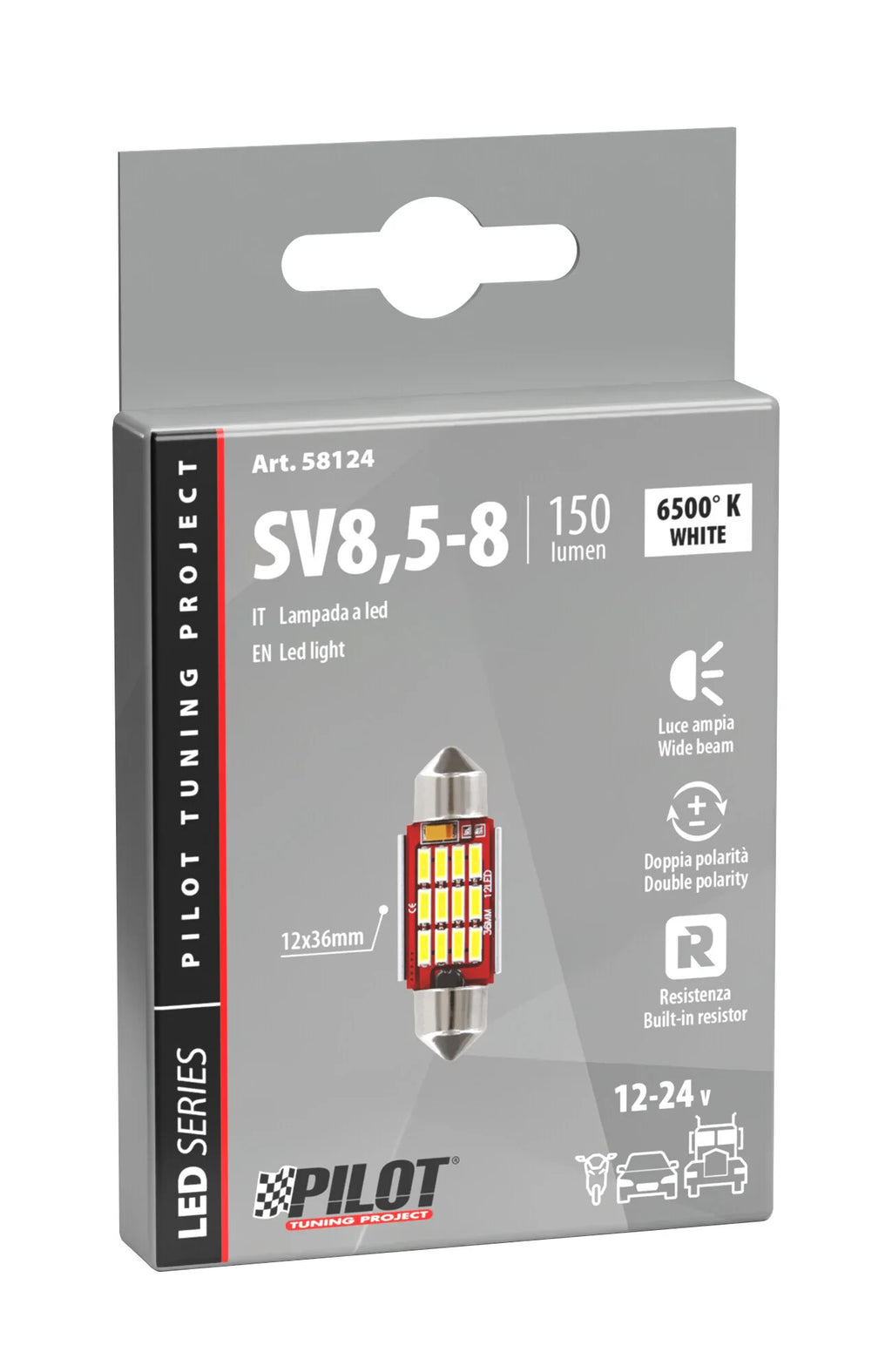 10/30V Led Series - 12 SMD x 1 chip - (C5W) - 12x36 mm - SV8,5-8 - 1 pz  - Scatola - Bianco - Doppia polarità - Resistenza incorporata