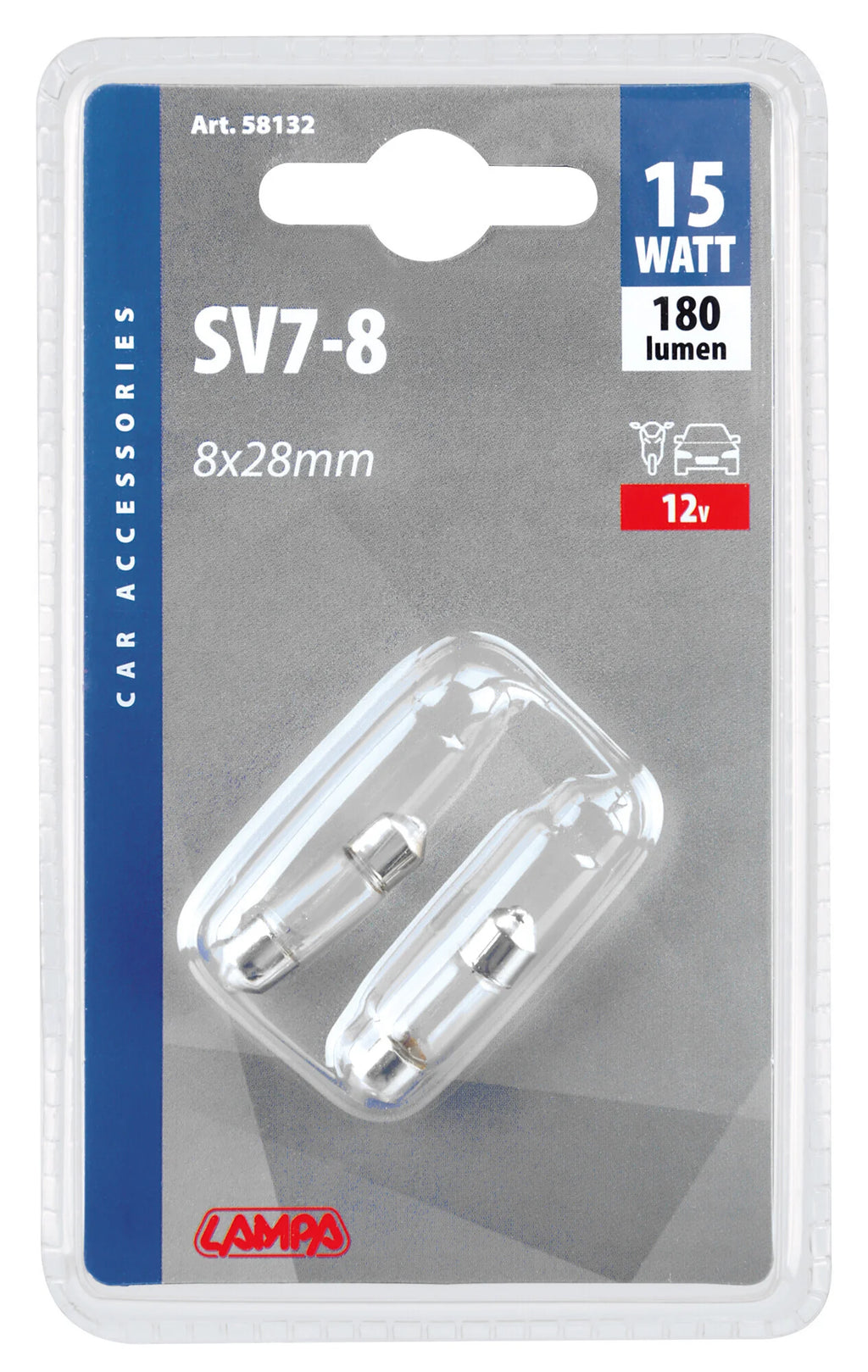 12V Lampada siluro - 8x28 mm - 15W - SV7-8 - 2 pz  - D/Blister