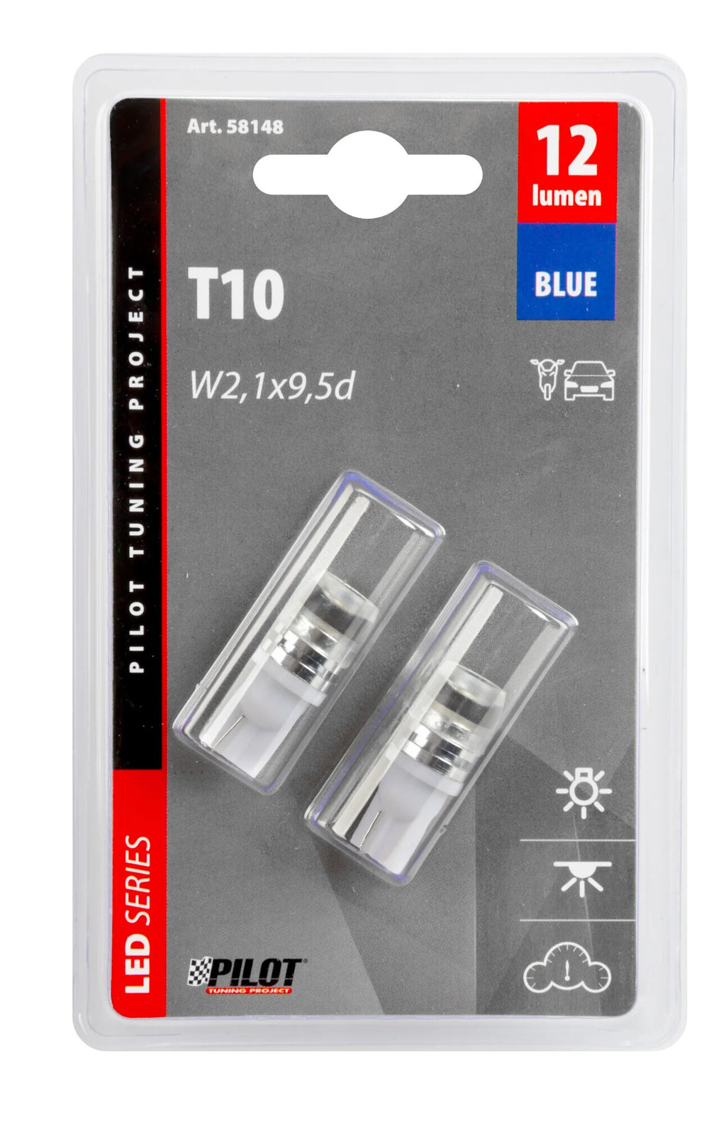 12V Hyper-Led 2 - 1 SMD x 2 chips - (T10) - 1W - W2,1x9,5d - 2 pz  - D/Blister - Blu - Doppia polarità