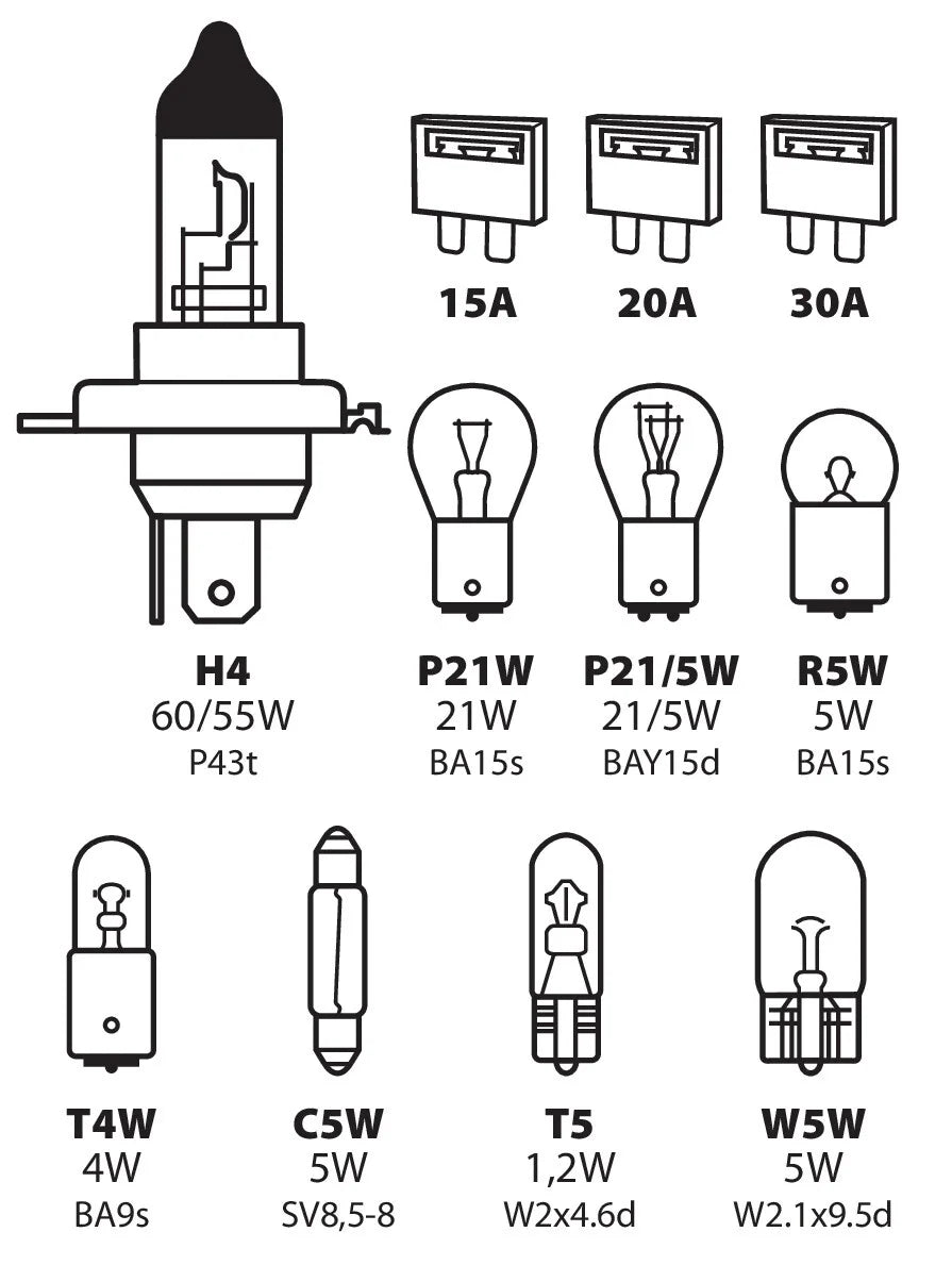 Kit lampade di ricambio 11 pz, alogena H4 - 12V