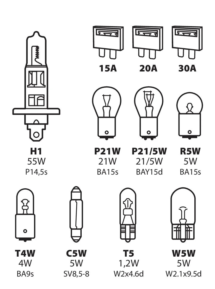 Kit lampade di ricambio 11 pz, alogena H1 - 12V