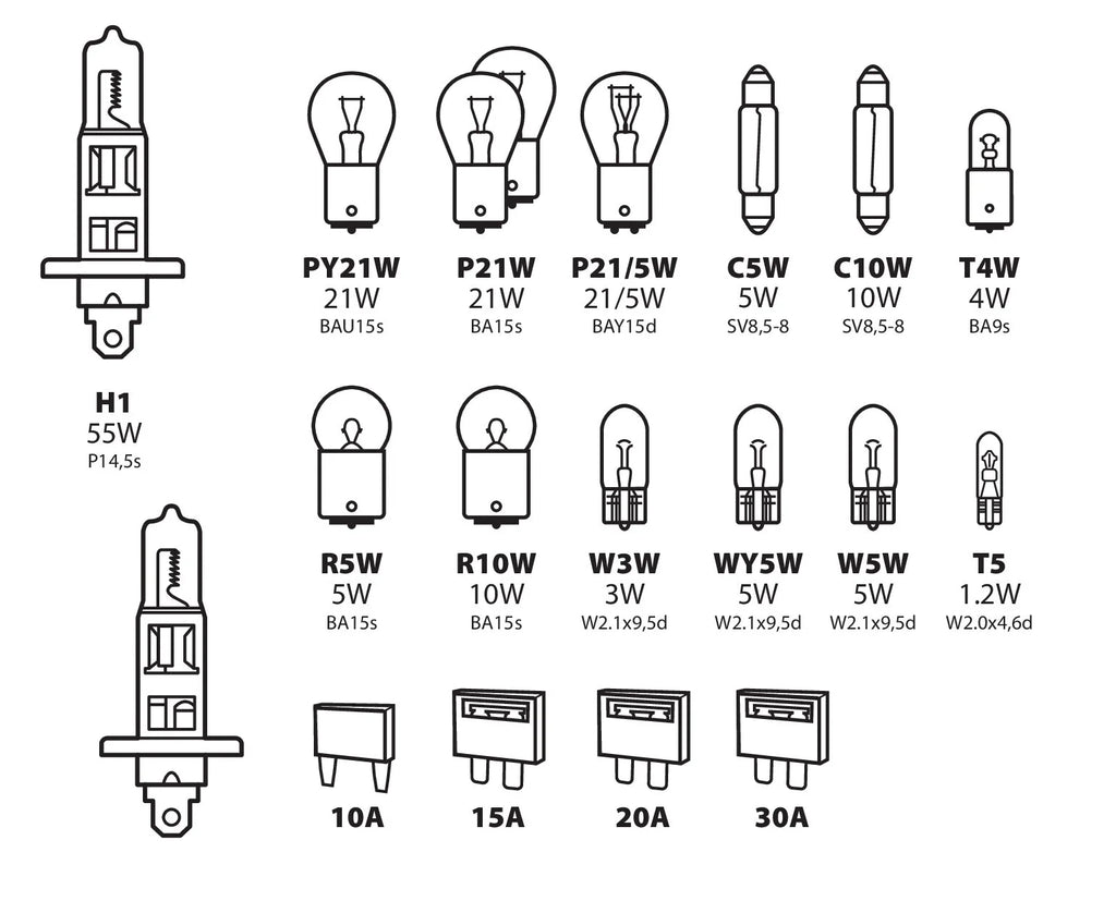 Kit lampade di ricambio 19 pz, alogena 2x H1 - 12V