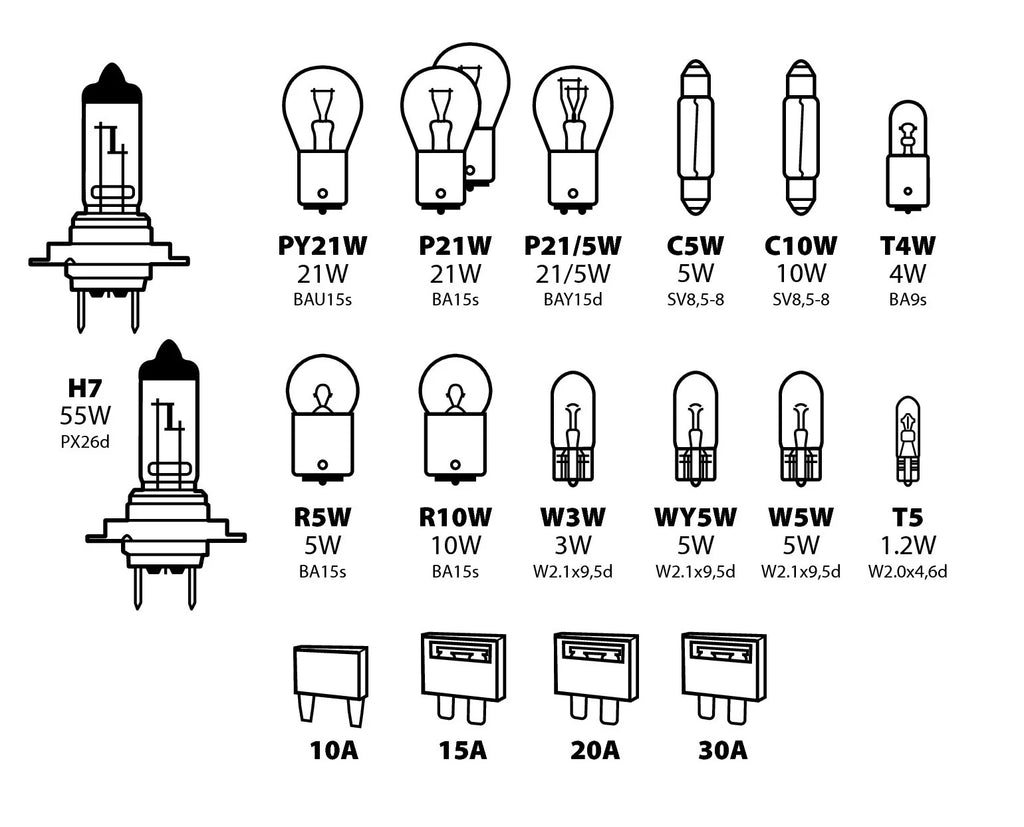 Kit lampade di ricambio 19 pz, alogena 2x H7 - 12V