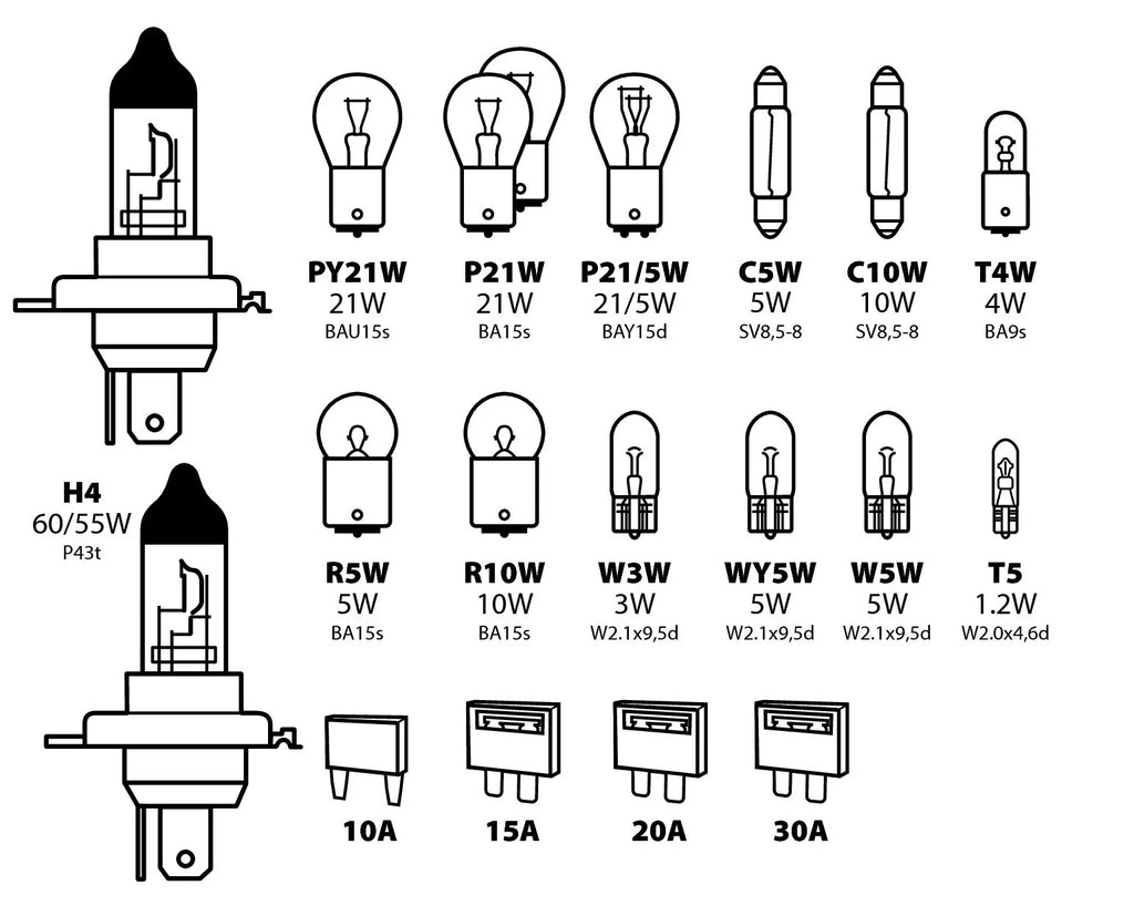 Kit lampade di ricambio 19 pz, alogena 2x H4 - 12V
