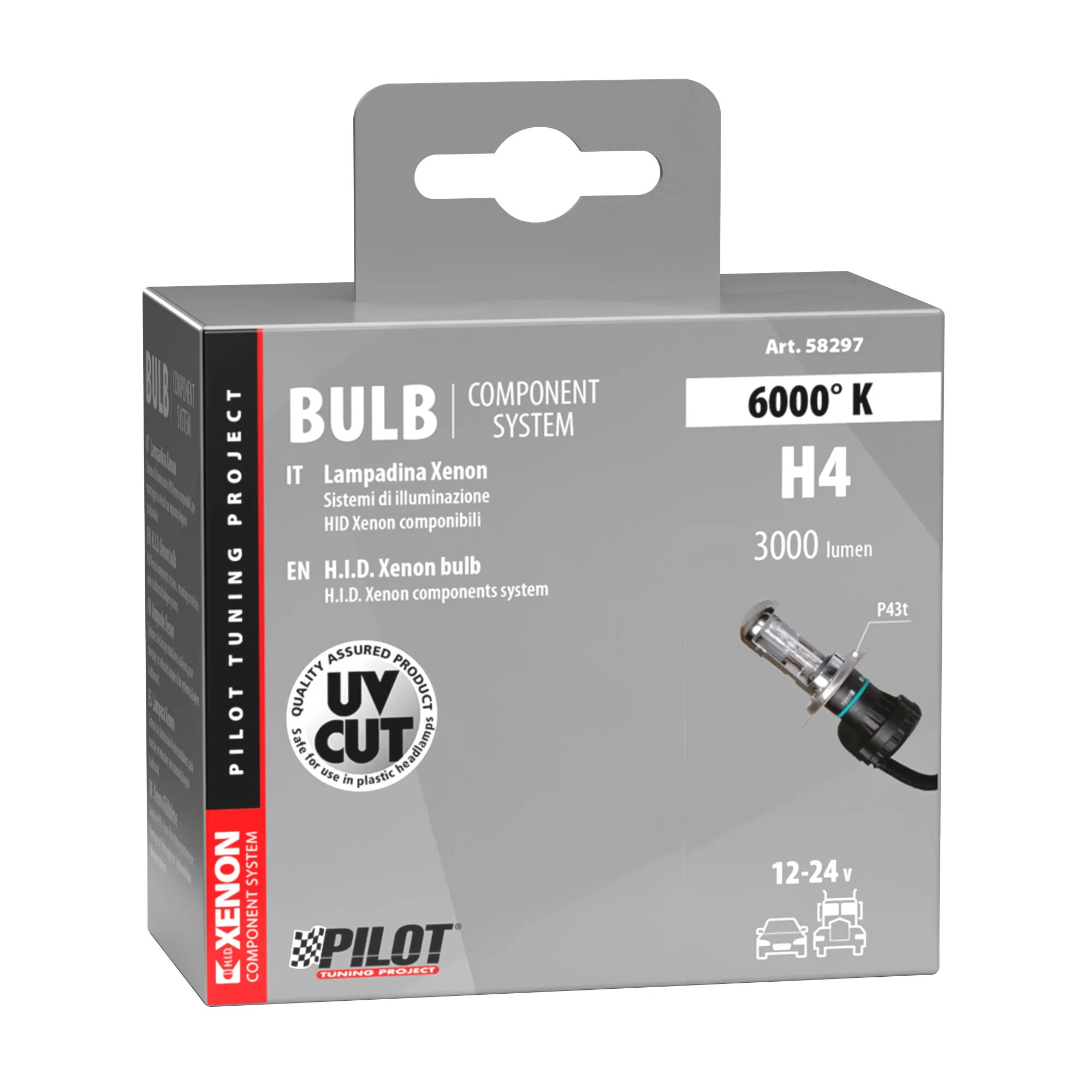 12/24V Lampadina HID Xenon 6.000K - H4 - 1 pz  - Scatola - (Bi-Xenon)