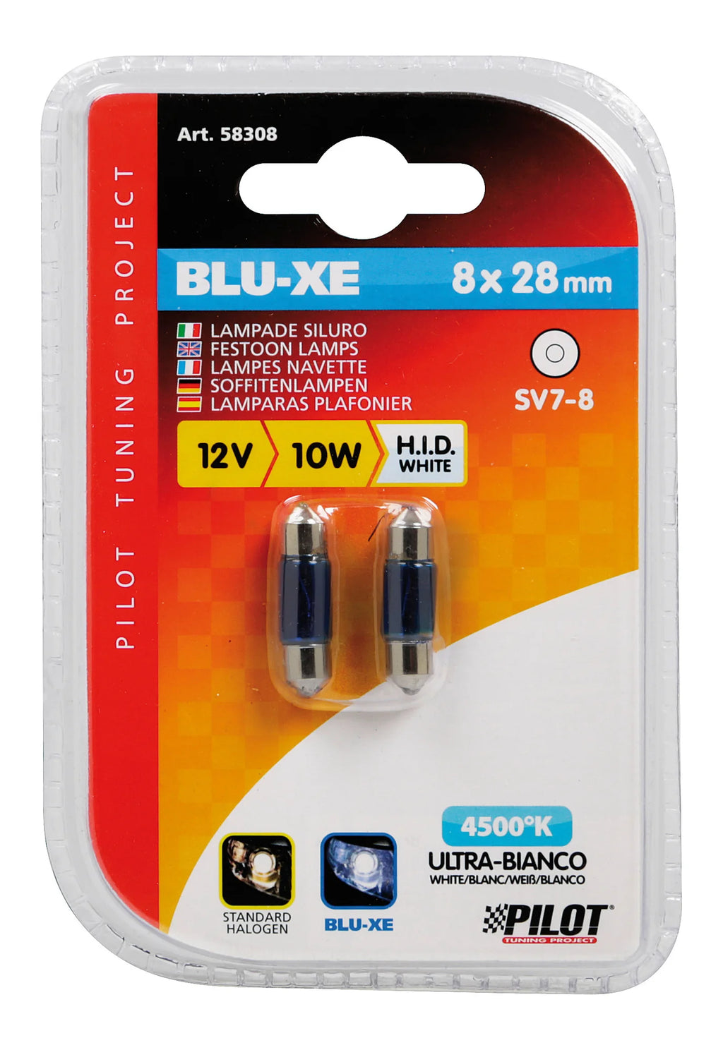 12V Lampada siluro Blu-Xe - 8x28 mm - 10W - SV7-8 - 2 pz  - D/Blister