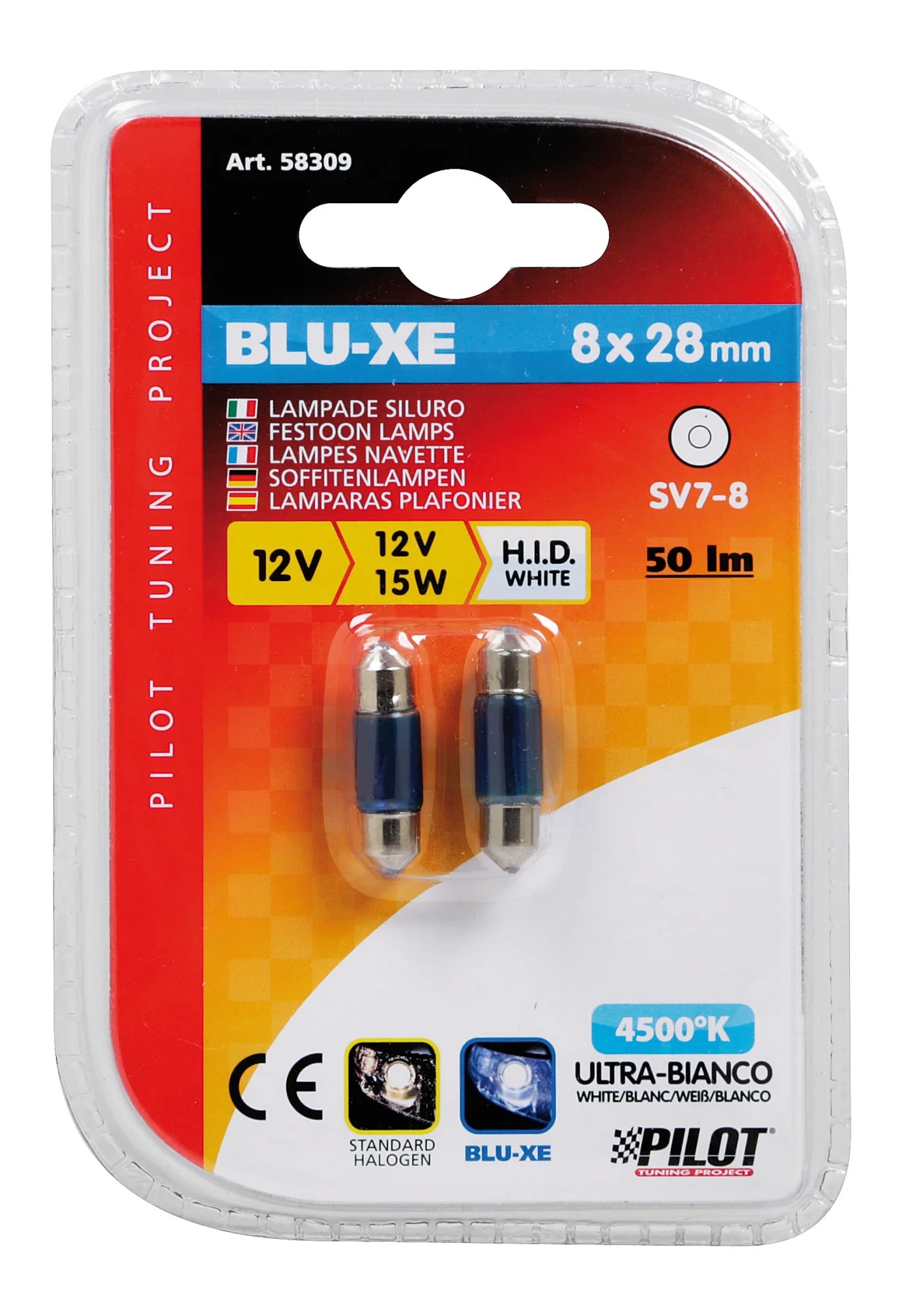 12V Lampada siluro Blu-Xe - 8x28 mm - 15W - SV7-8 - 2 pz  - D/Blister