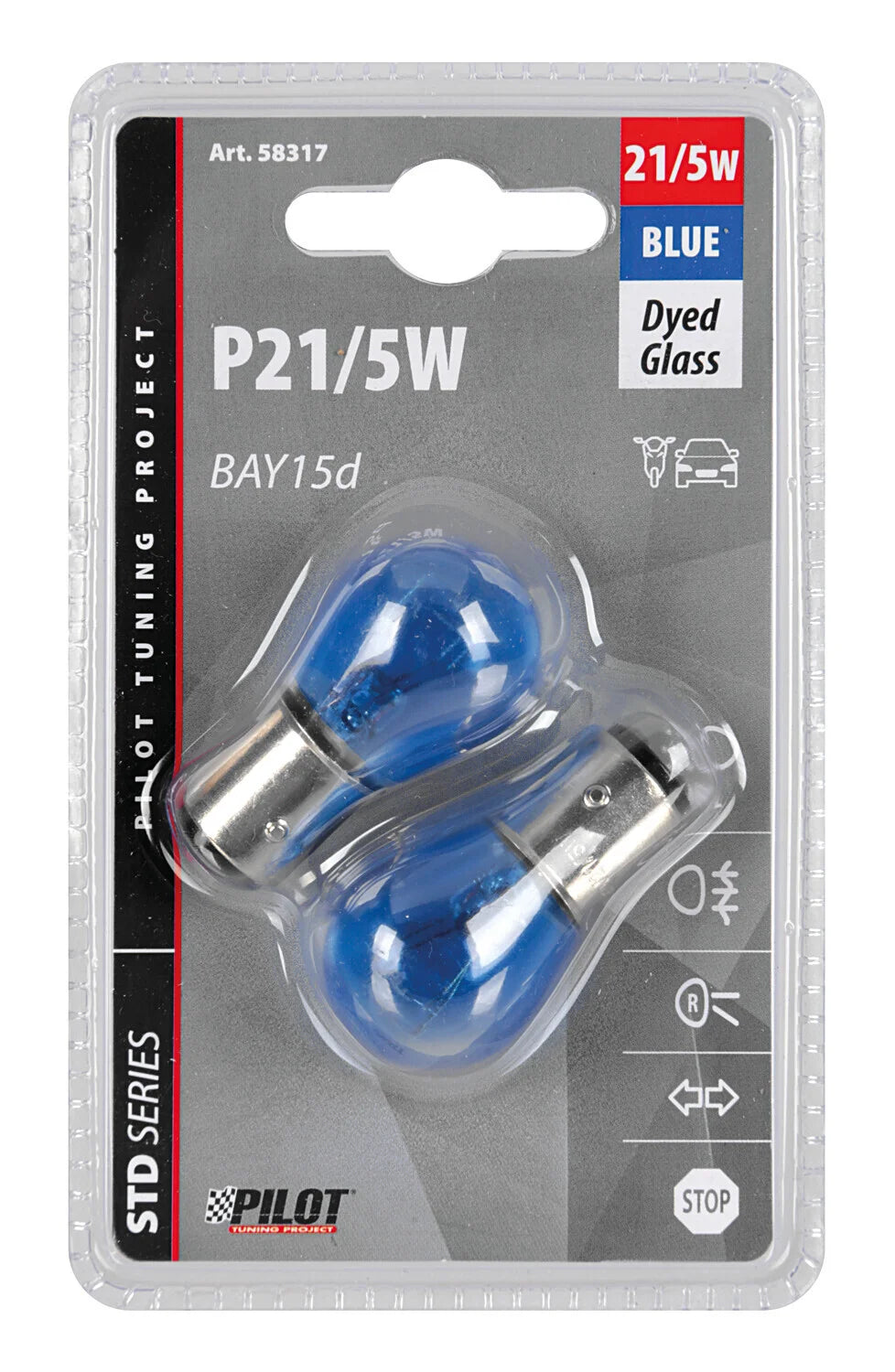 12V Blue Dyed Glass, Lampada 2 filamenti - (P21/5W) - 21/5W - BAY15d - 2 pz  - D/Blister - Blu