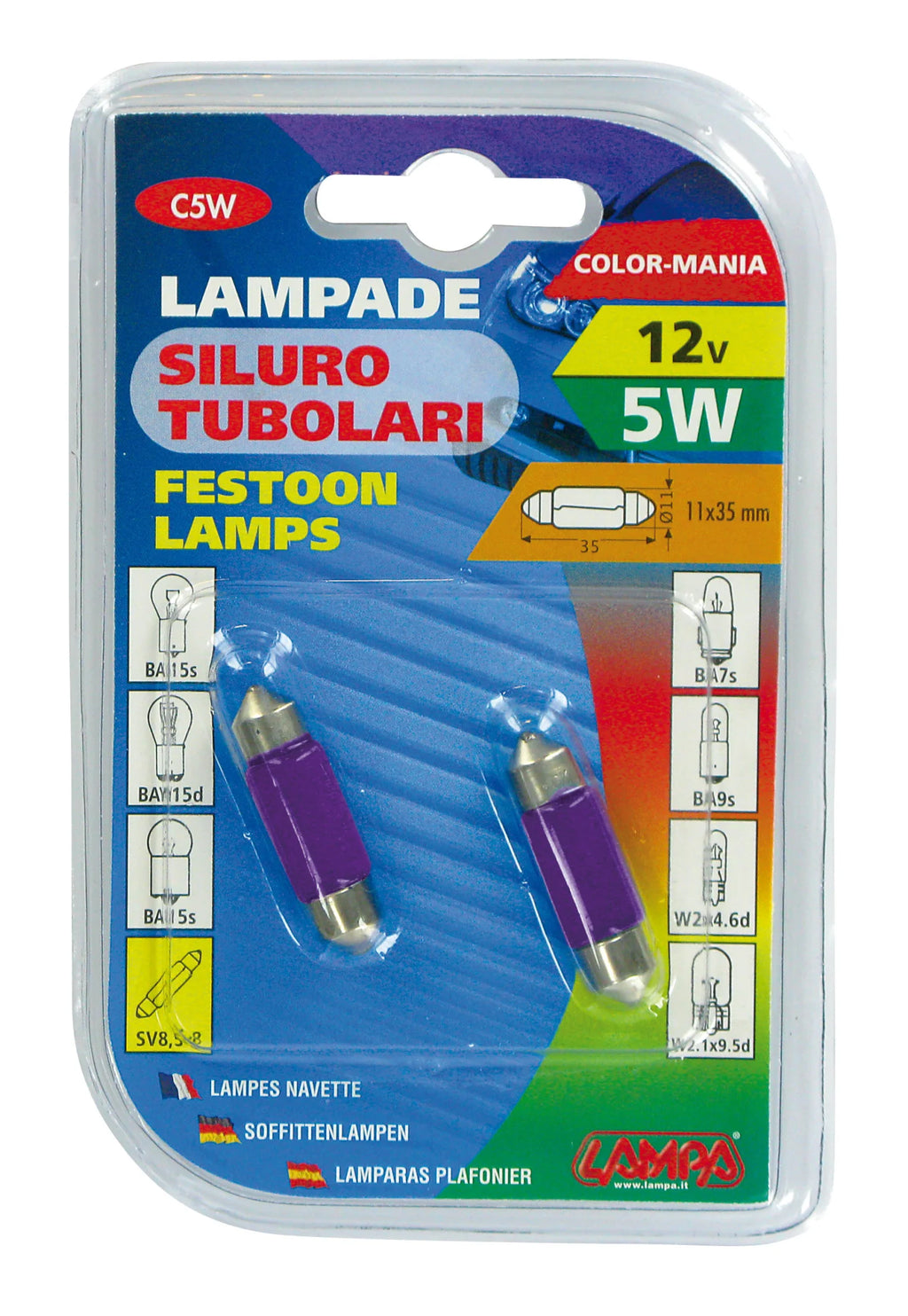 12V Lampada siluro - (C5W) - 11x35 mm - 5W - SV8,5-8 - 2 pz  - D/Blister - Viola