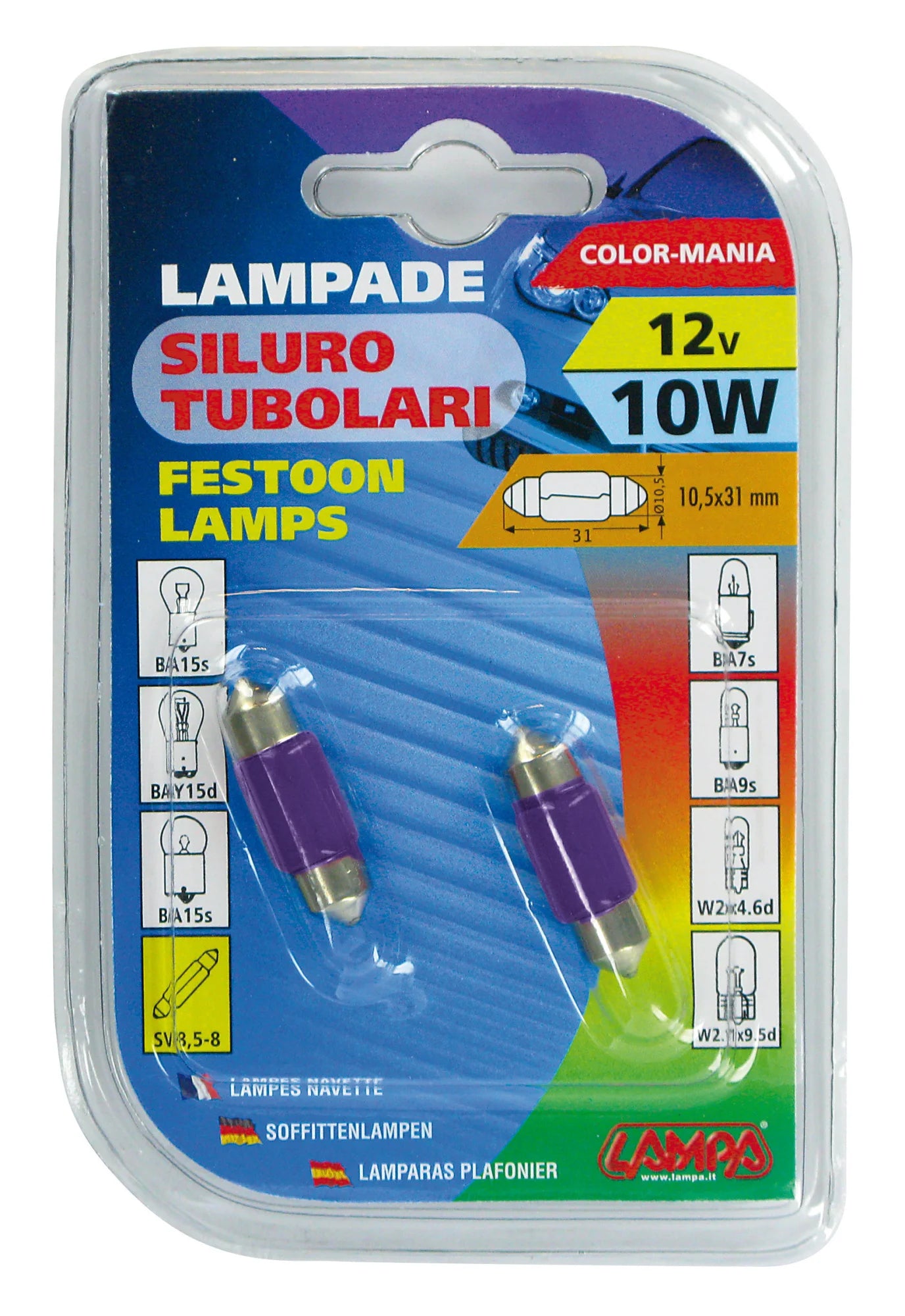 12V Lampada siluro - 11x31 mm - 10W - SV8,5-8 - 2 pz  - D/Blister - Viola
