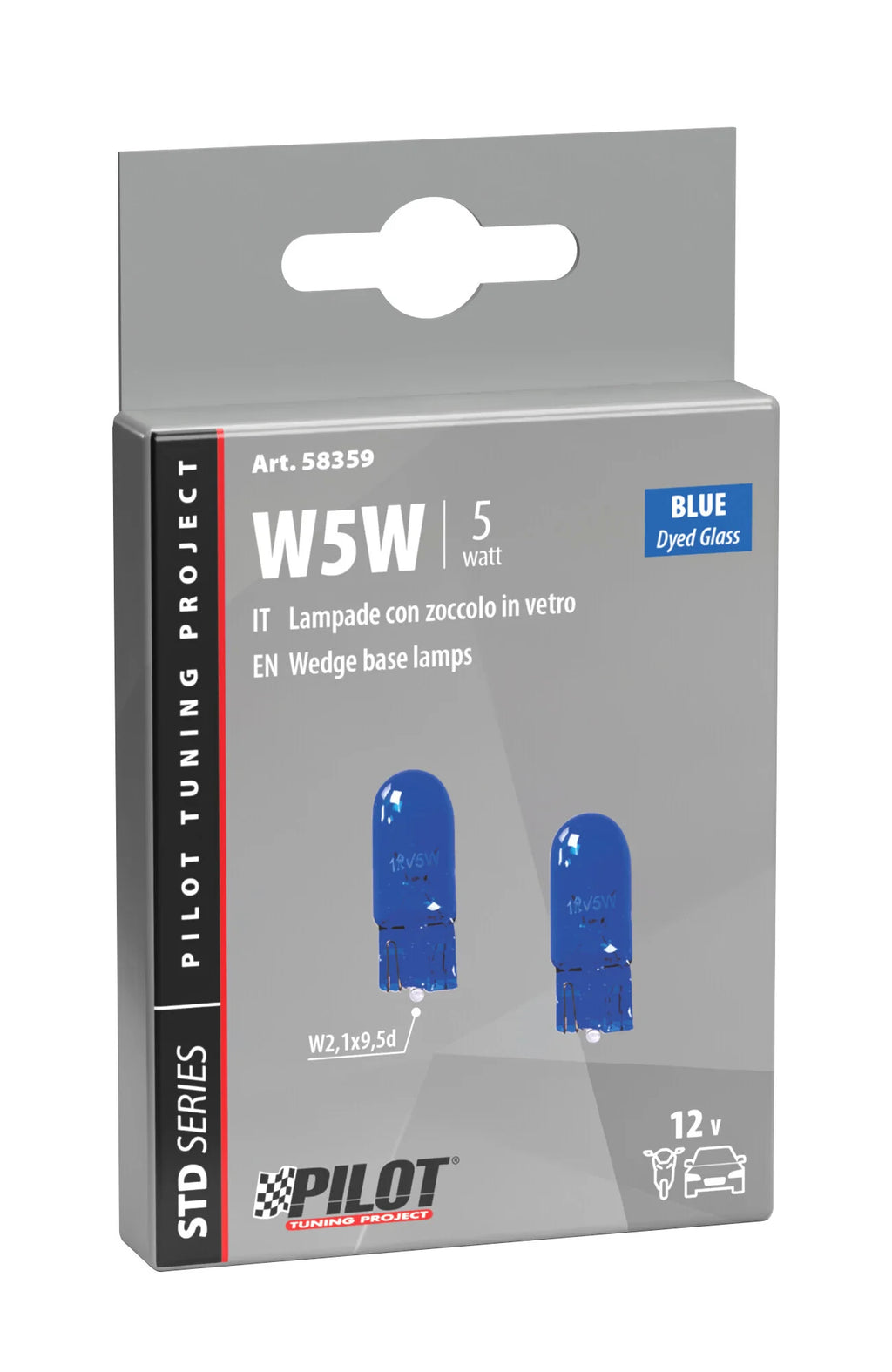 12V Blue Dyed Glass, Lampada zoccolo vetro - (W5W) - 5W - W2,1x9,5d - 2 pz  - Scatola