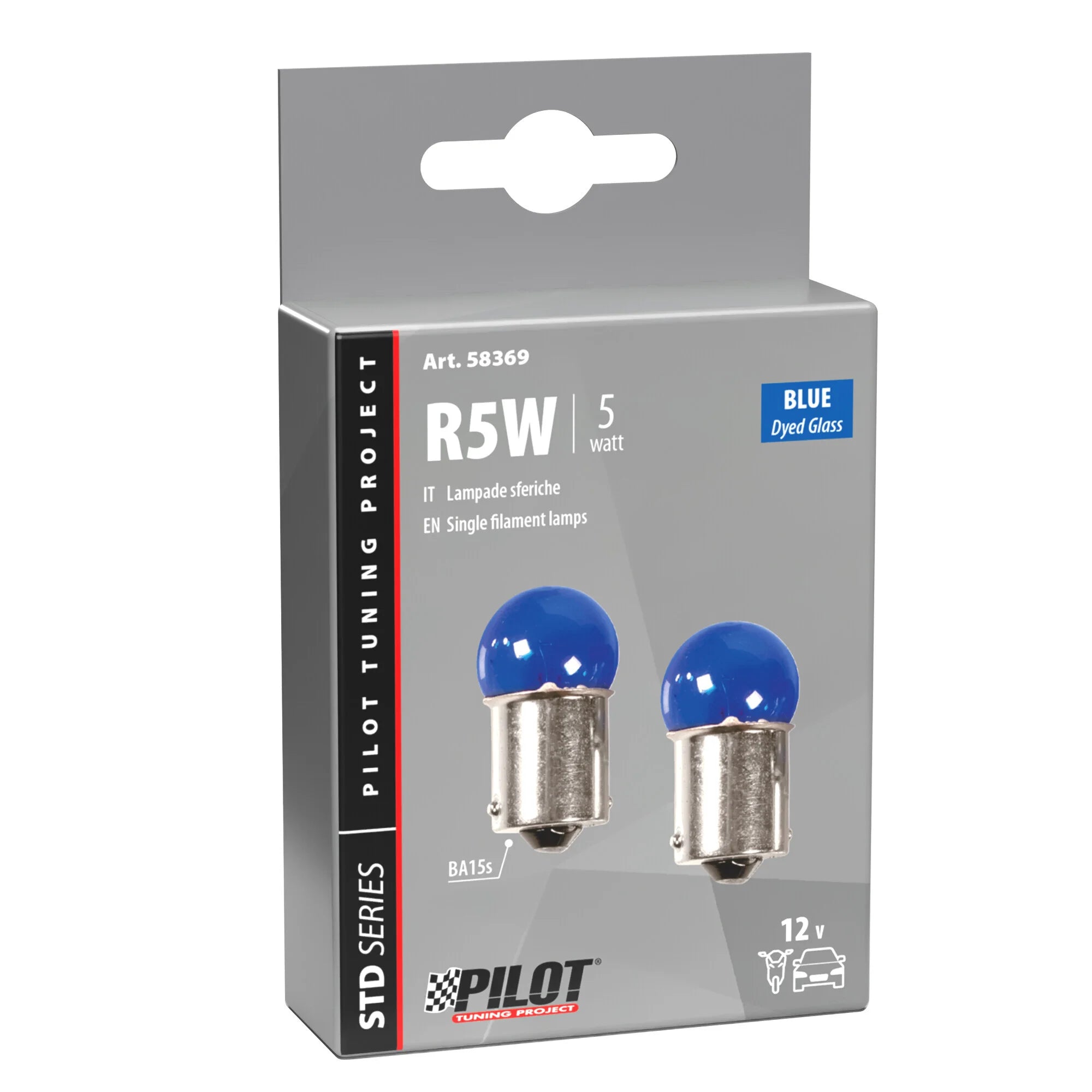12V Blue Dyed Glass, Lampada sferica - (R5W) - 5W - BA15s - 2 pz  - Scatola