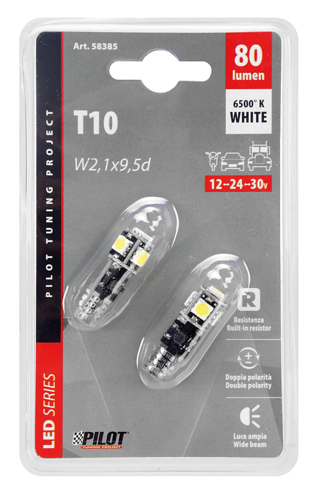 12/30V Led series - 5 Led SMD - (T10) - W2,1x9,5d - 2 pz  - Scatola - Bianco - Doppia polarità - Resistenza incorporata