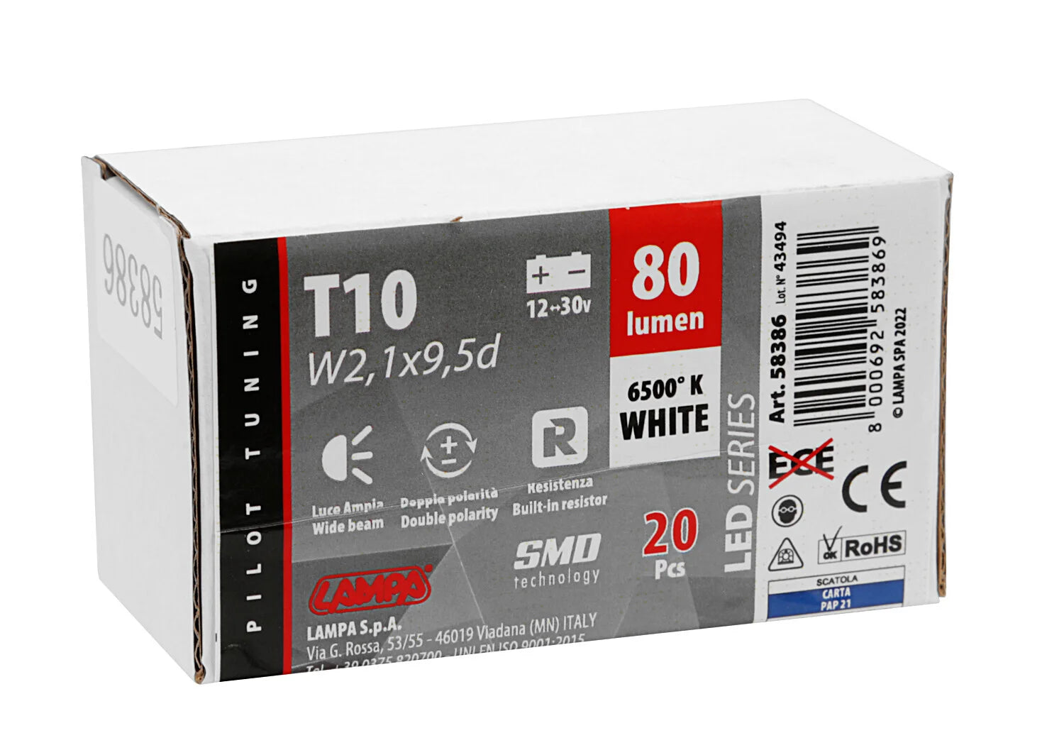 12/30V Led series - 5 Led SMD - (T10) - W2,1x9,5d - 20 pz  - Scatola - Bianco - Doppia polarità - Resistenza incorporata