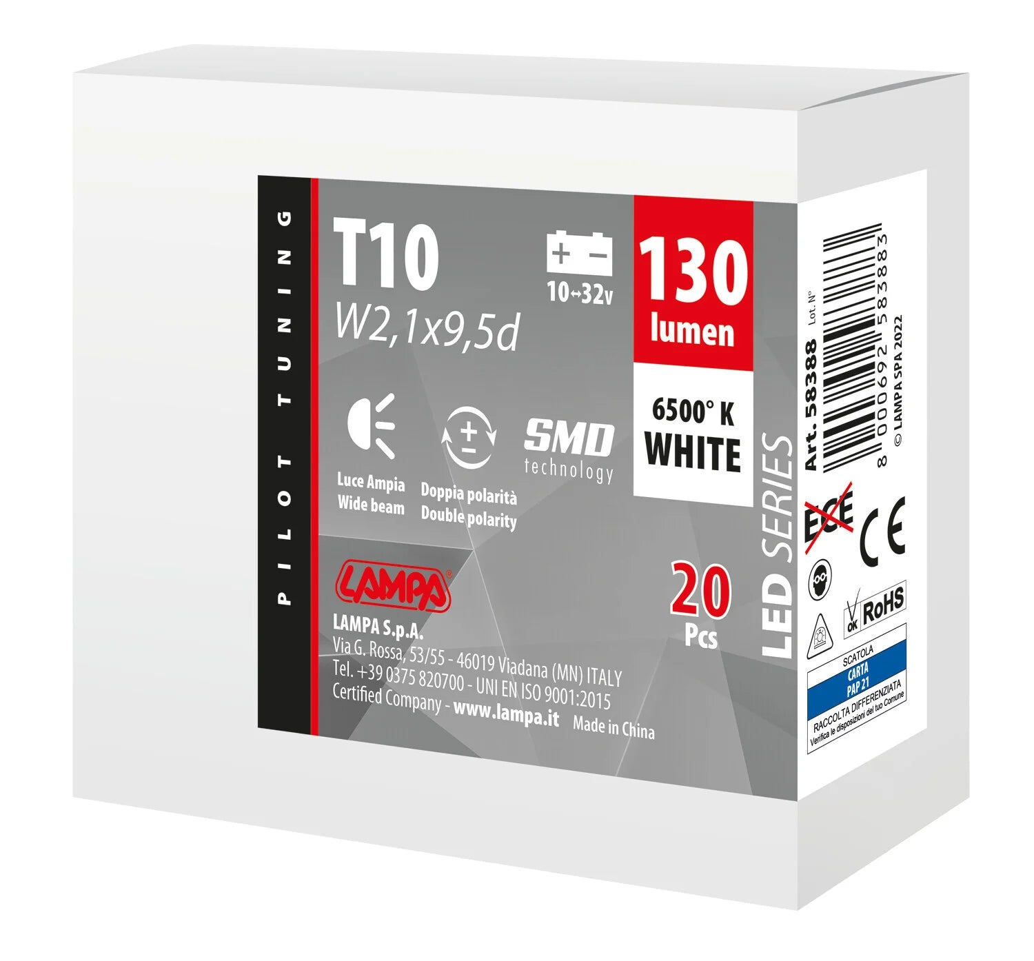 10/32V Led Series 1 SMD x 1 chip - (T10) - W2,1x9,5d - 20 pz  - Scatola - Bianco - Doppia polarità - Resistenza incorporata