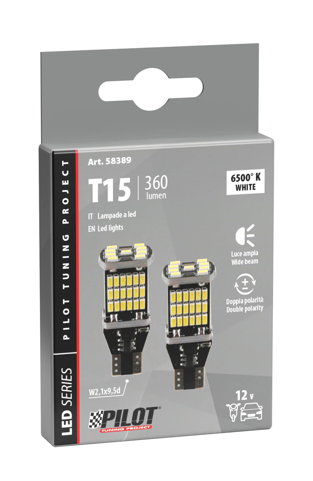 12/18V Led series - 45 Led SMD - (T15) - W2,1x9,5d - 2 pz  - Scatola - Bianco - Doppia polarità