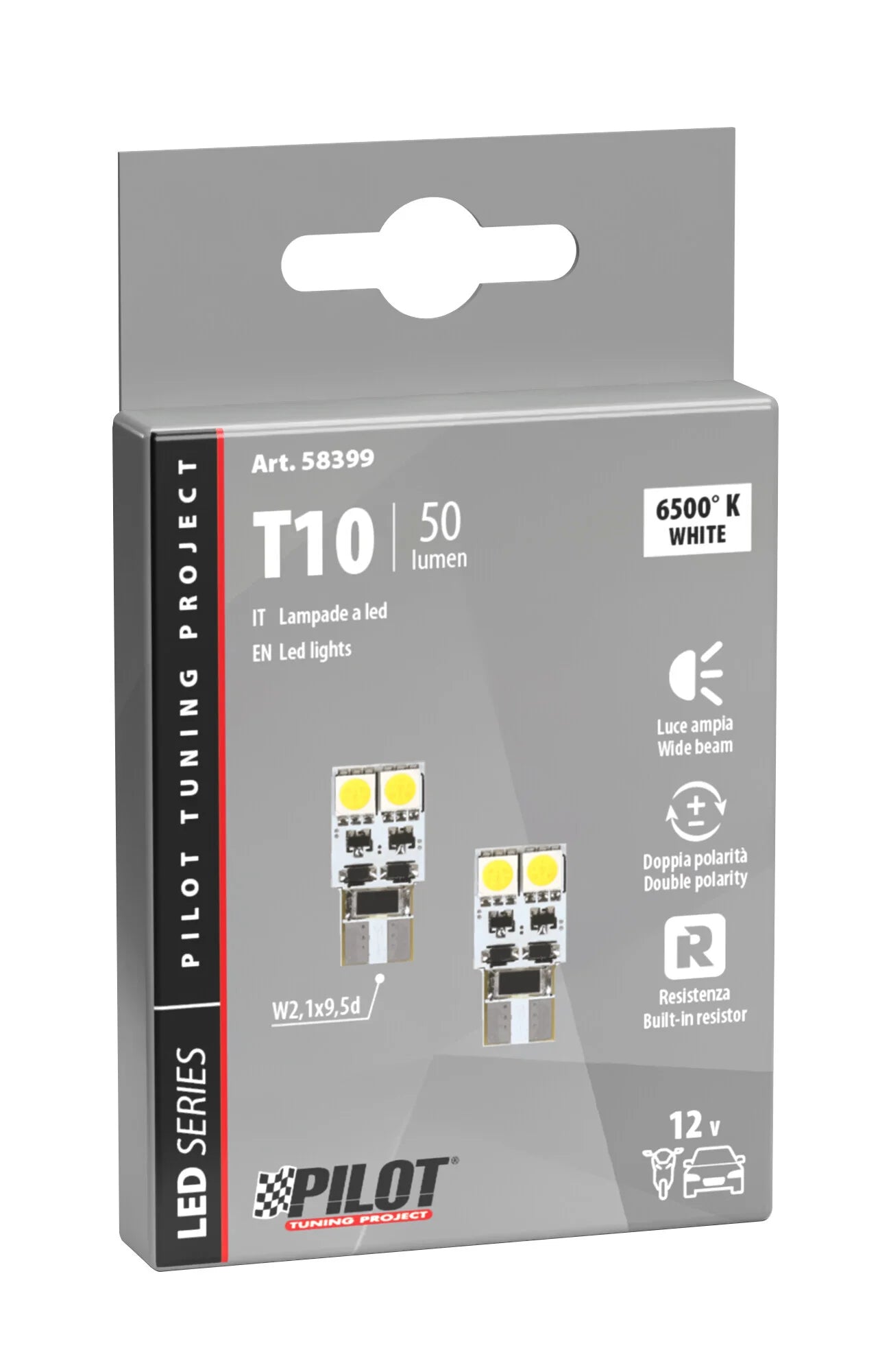 12V Hyper-Led 12 - 4 SMD x 3 chips - (T10) - Bifocus - W2,1x9,5d - 2 pz  - Scatola - Bianco - Doppia polarità - Resistenza incorporata
