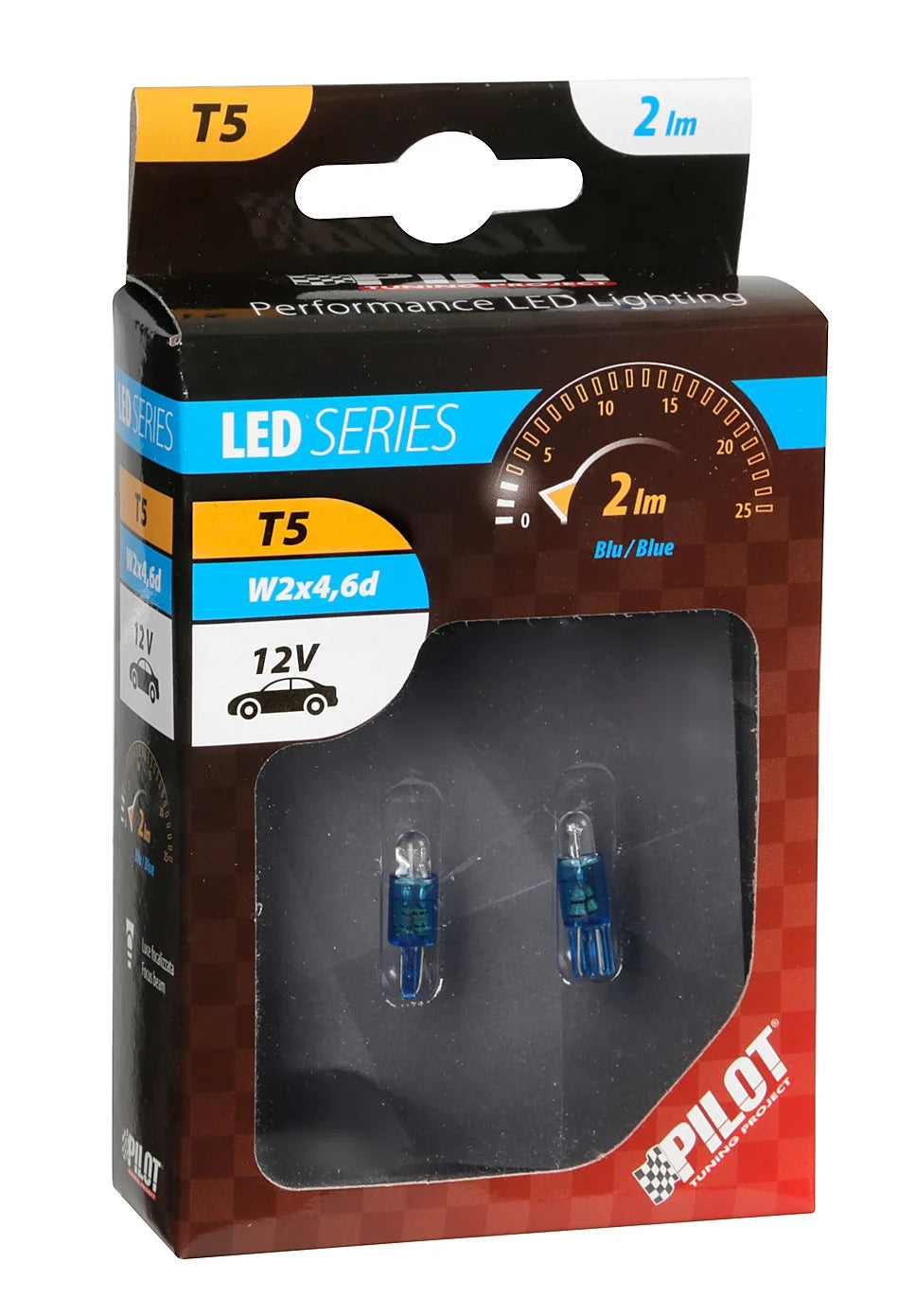 12V Micro lampada zoccolo plastica 1 Led - (T5) - W2x4,6d - 2 pz  - Scatola - Blu