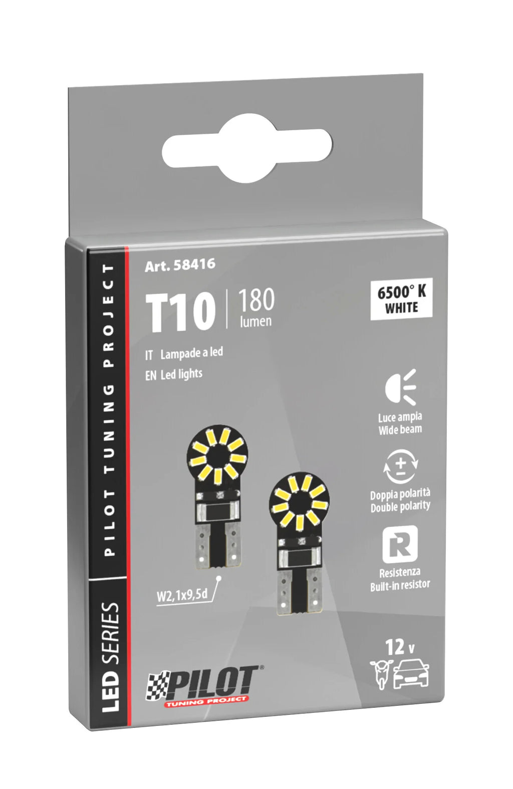 12V Hyper-Led 18 - 18 SMD x 1 chips - (T10) - W2,1x9,5d - 2 pz  - Scatola - Bianco - Doppia polarità - Resistenza incorporata