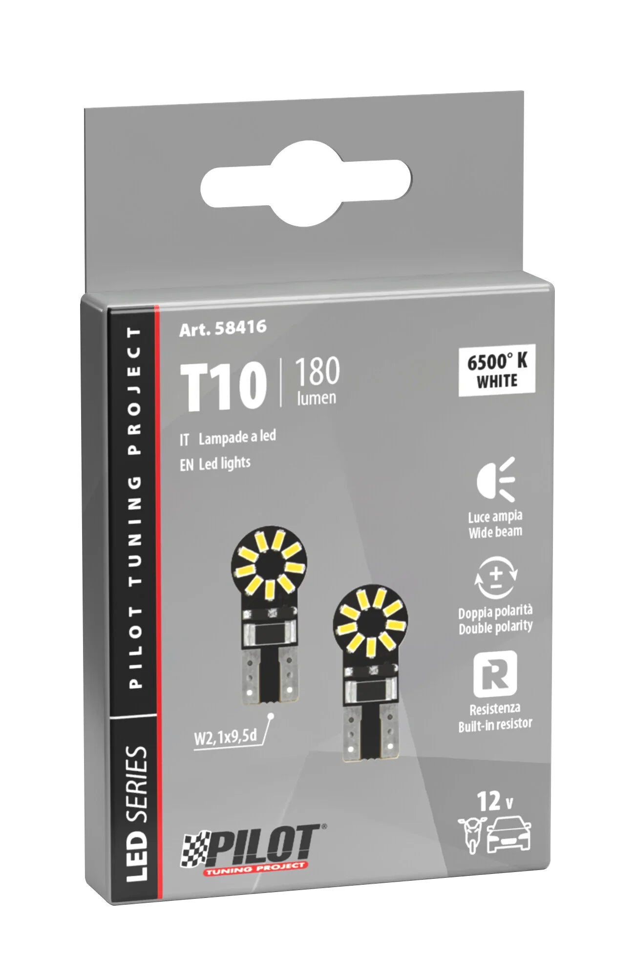 12V Hyper-Led 18 - 18 SMD x 1 chips - (T10) - W2,1x9,5d - 2 pz  - Scatola - Bianco - Doppia polarità - Resistenza incorporata