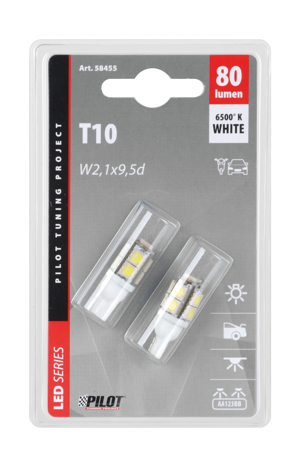 12V Hyper-Led 27 - 9 SMD x 3 chips - (T10) - W2,1x9,5d - 2 pz  - D/Blister - Bianco - Doppia polarità