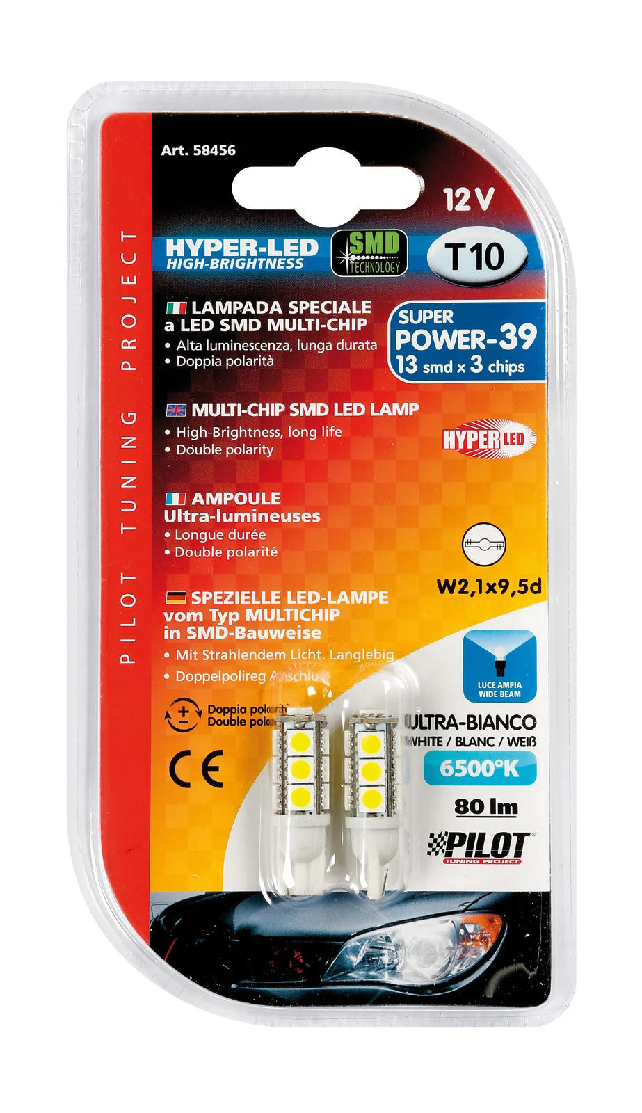 12V Hyper-Led 39 - 13 SMD x 3 chips - (T10) - W2,1x9,5d - 2 pz  - D/Blister - Bianco - Doppia polarità