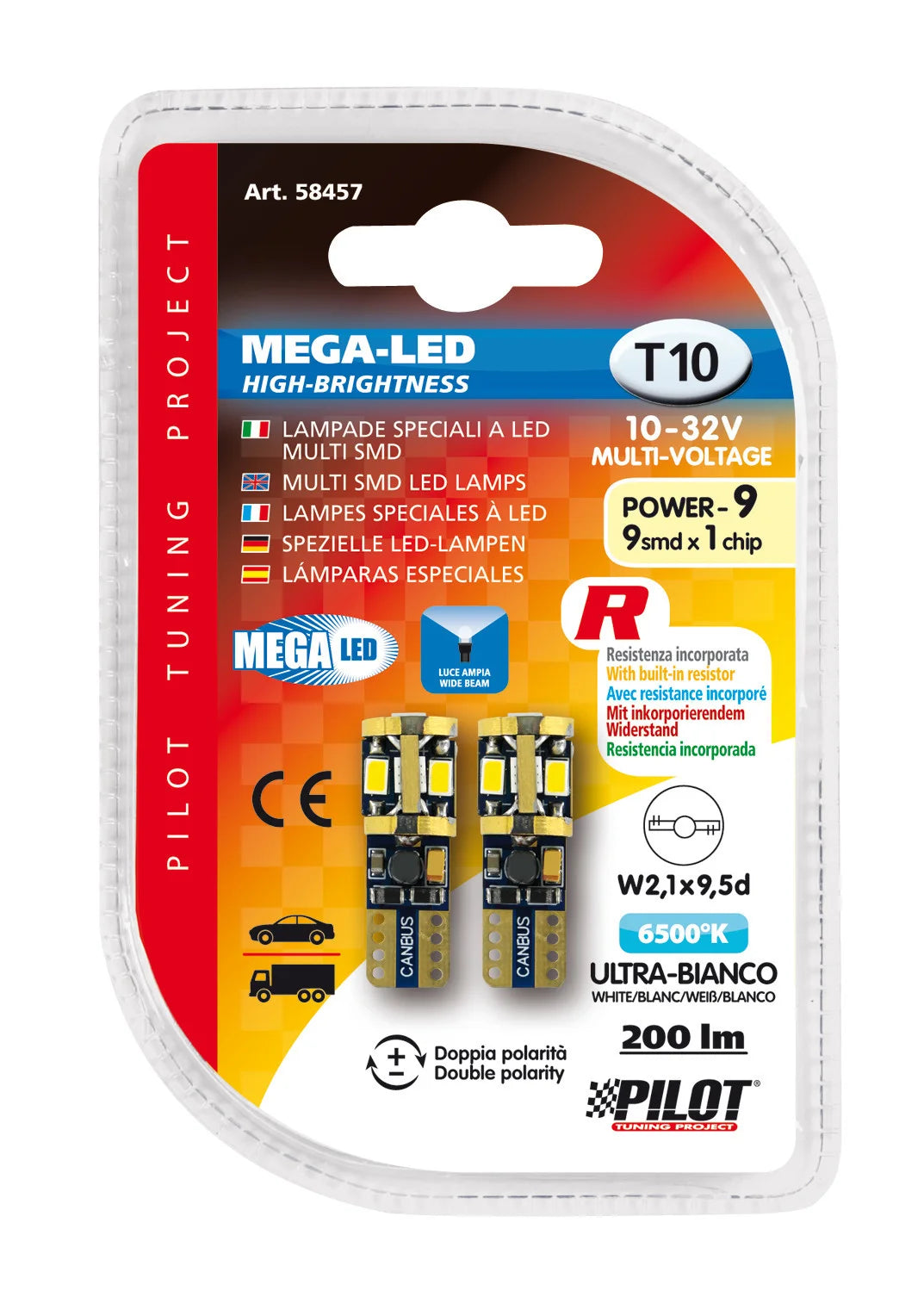 10/32V Mega-Led 9 - 9 SMD x 1 chip - (T10) - W2,1x9,5d - 2 pz  - D/Blister - Bianco - Doppia polarità - Resistenza incorporata