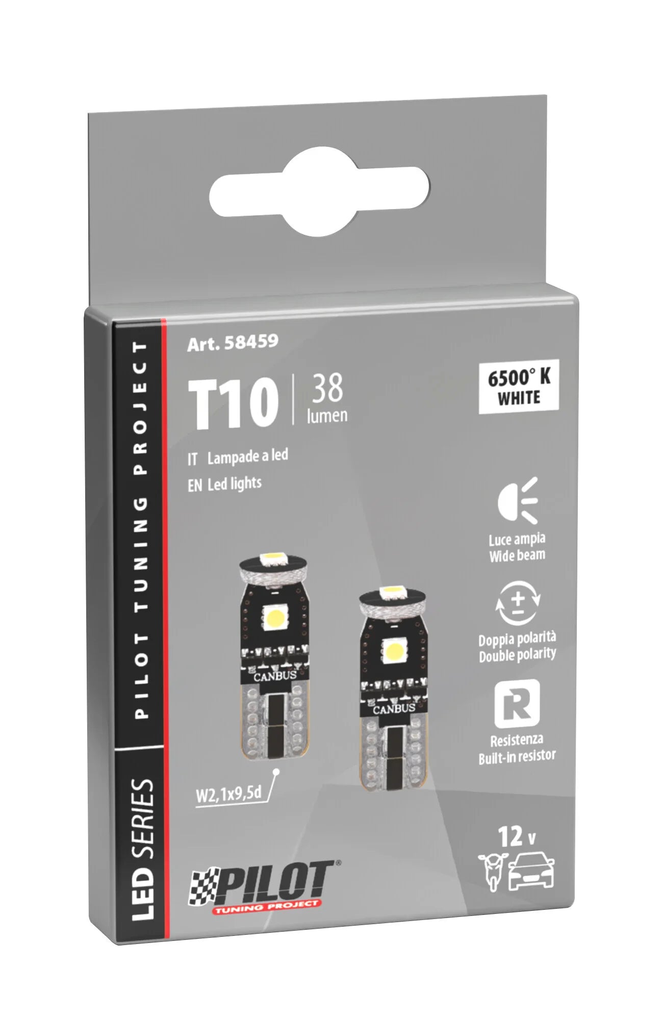 12V Hyper-Led 9 - 3 SMD x 3 chips - (T10) - Trifocus - W2,1x9,5d - 2 pz  - Scatola - Bianco - Doppia polarità - Resistenza incorporata