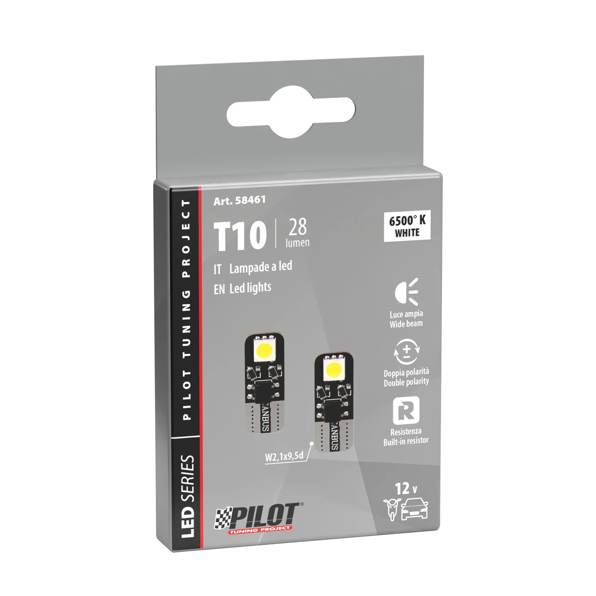 12V Hyper-Led 6 - 2 SMD x 3 chips - (T10) - Bifocus - W2,1x9,5d - 2 pz  - Scatola - Bianco - Doppia polarità - Resistenza incorporata