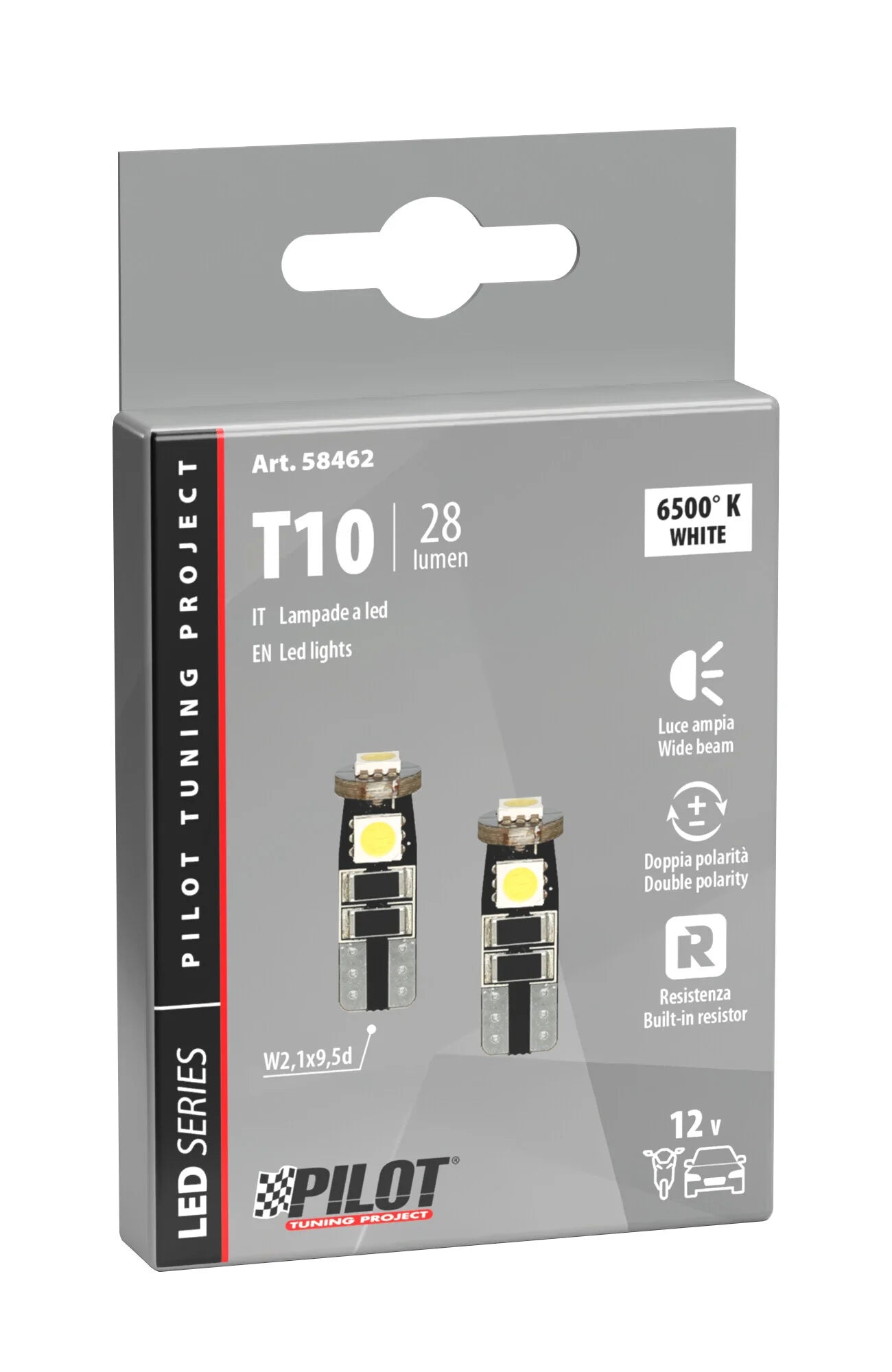 12V Hyper-Led 9 - 3 SMD x 3 chips - (T10) - Trifocus - W2,1x9,5d - 2 pz  - Scatola - Bianco - Doppia polarità - Resistenza incorporata