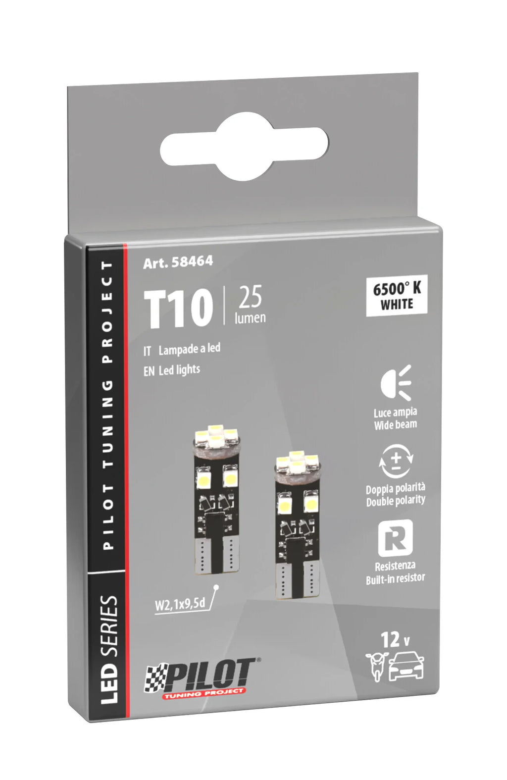 12V Hyper-Led 24 - 8 SMD x 3 chips - (T10) - Trifocus - W2,1x9,5d - 2 pz  - Scatola - Bianco - Doppia polarità - Resistenza incorporata